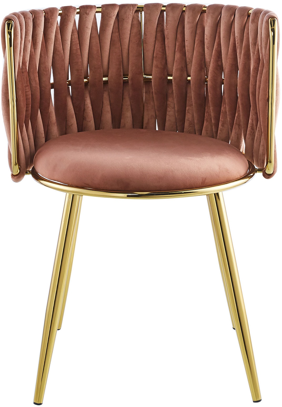 Kayoom Polsterstuhl »Stuhl Melly 125 2er-Set,tolles Design der Rückenlehne, runde Sitzfläch«, (Set), 2 St., ausgefallen geflochtene Rückenlehne, Samtbezug, goldene Beine