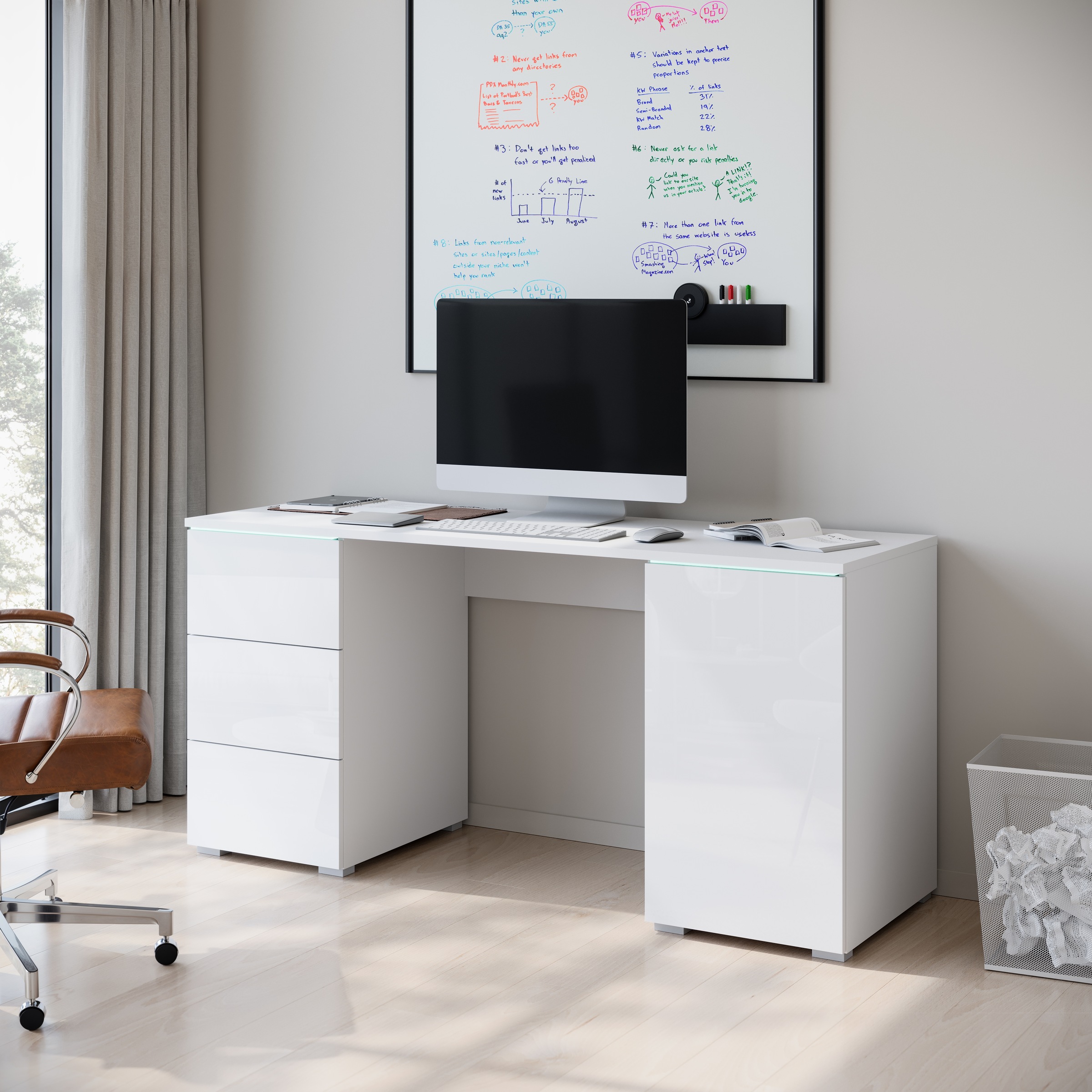 INOSIGN Schreibtisch »Vera«, (1 St.), Bürotisch mit LED, Push-to-Open, 3 Schubladen & Stauraum