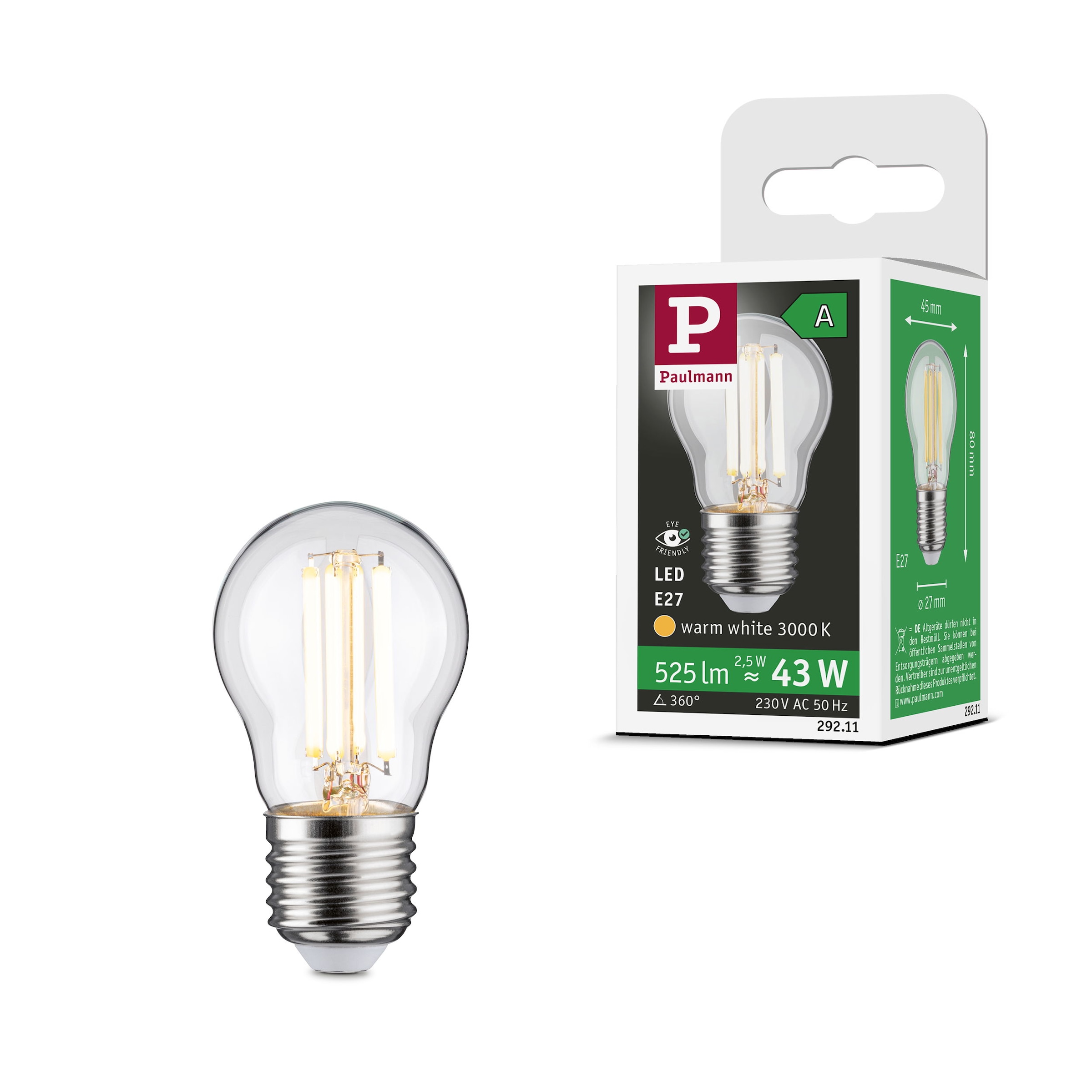 Paulmann LED-Leuchtmittel »Eco-Line Tropfen 525lm 2,5W 3000K klar 230V« E27 1 Stk. Warmweiß