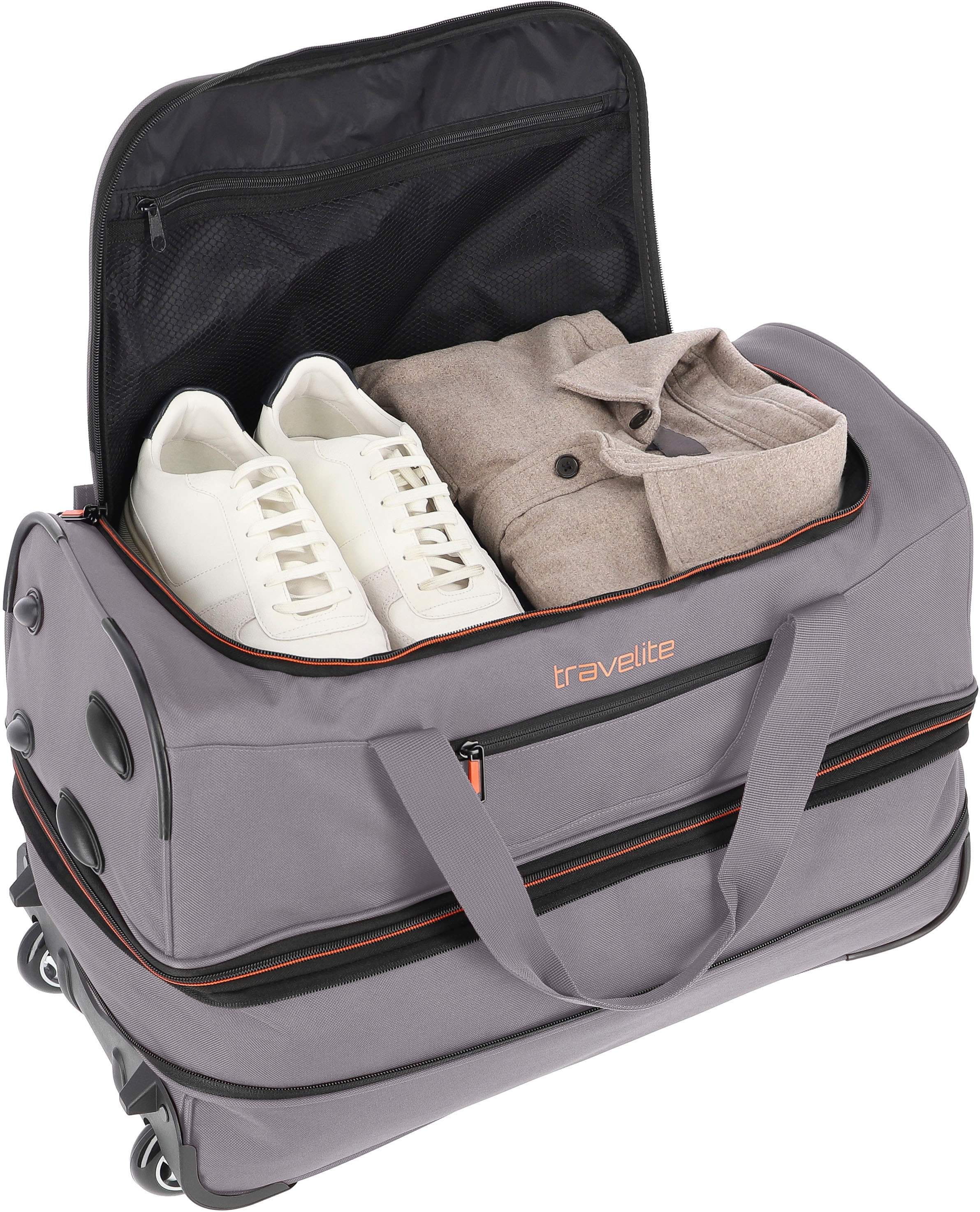 travelite Reisetasche »Basics, 55 cm, bei Volumenerweiterung grau/grün«, und Trolleyfunktion ♕ mit