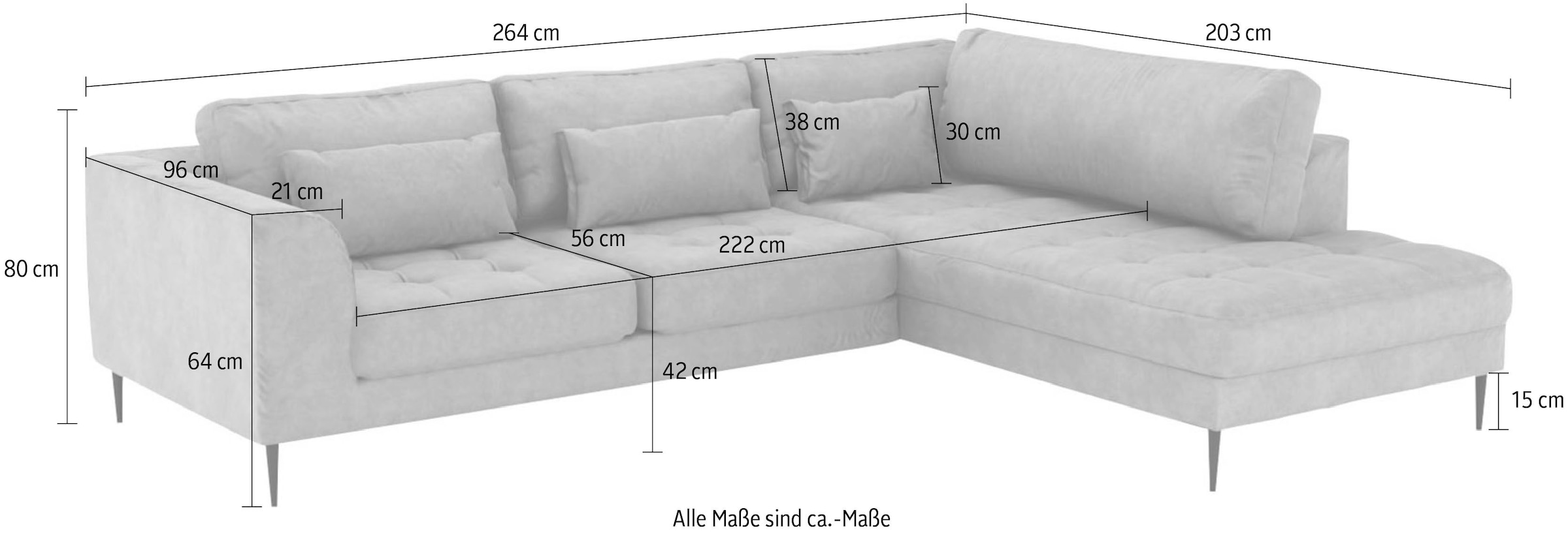 TRENDMANUFAKTUR Ecksofa »Luzi, wahlweise mit Schlaffunktion und Bettkasten, gemütlich, L-Form«, Designsofa mit Ottomane, Metallfüße schwarz, Breite 264 cm
