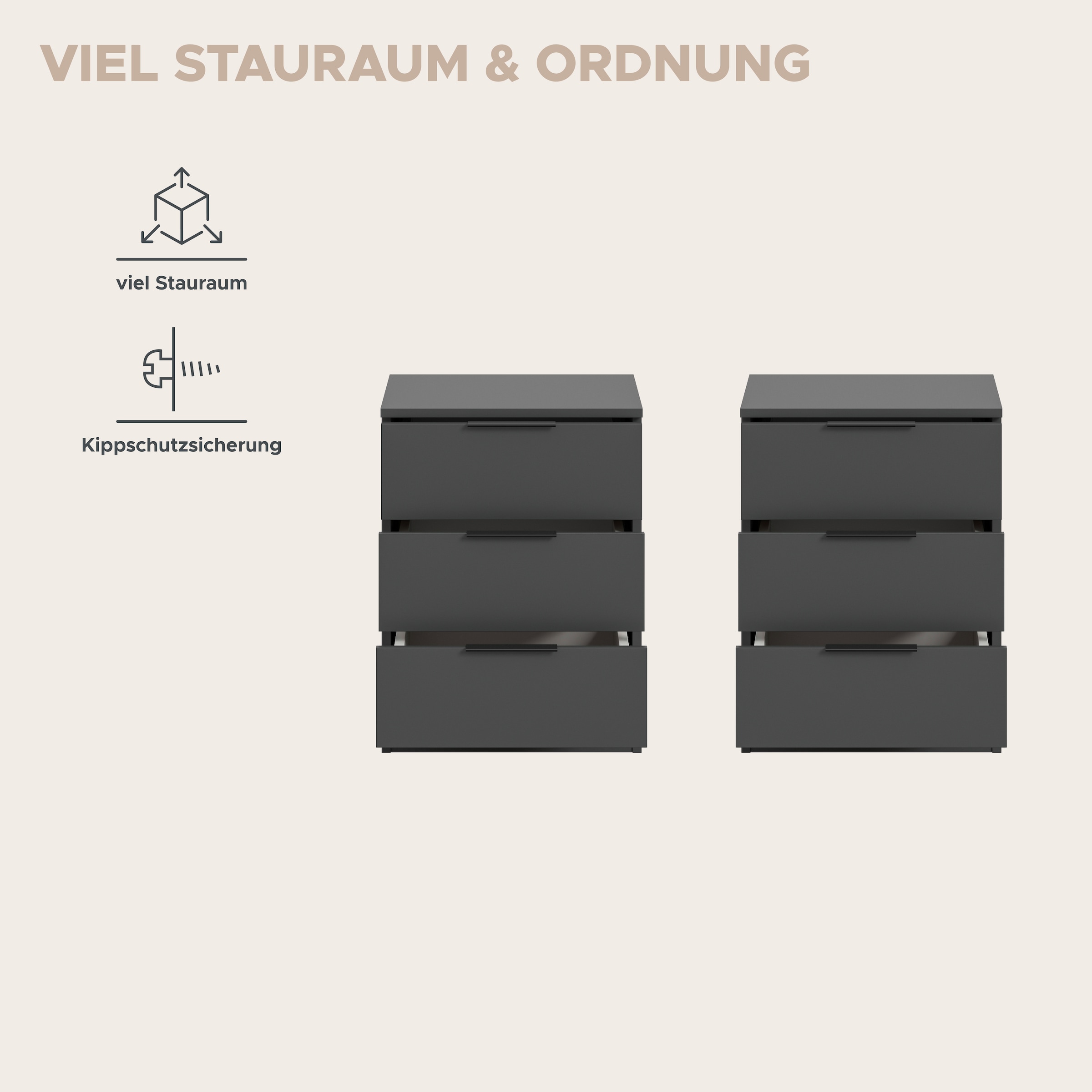 Home affaire Nachtkommode »Skarde 2 Nachttische, jeweils Breite: 45 cm« Set, Sie bekommen 2  Nachttische im Set, 2 Stk. tlg. Skarde, 2er Set Nachtkommoden, 3 Schubkästen, anthrazit