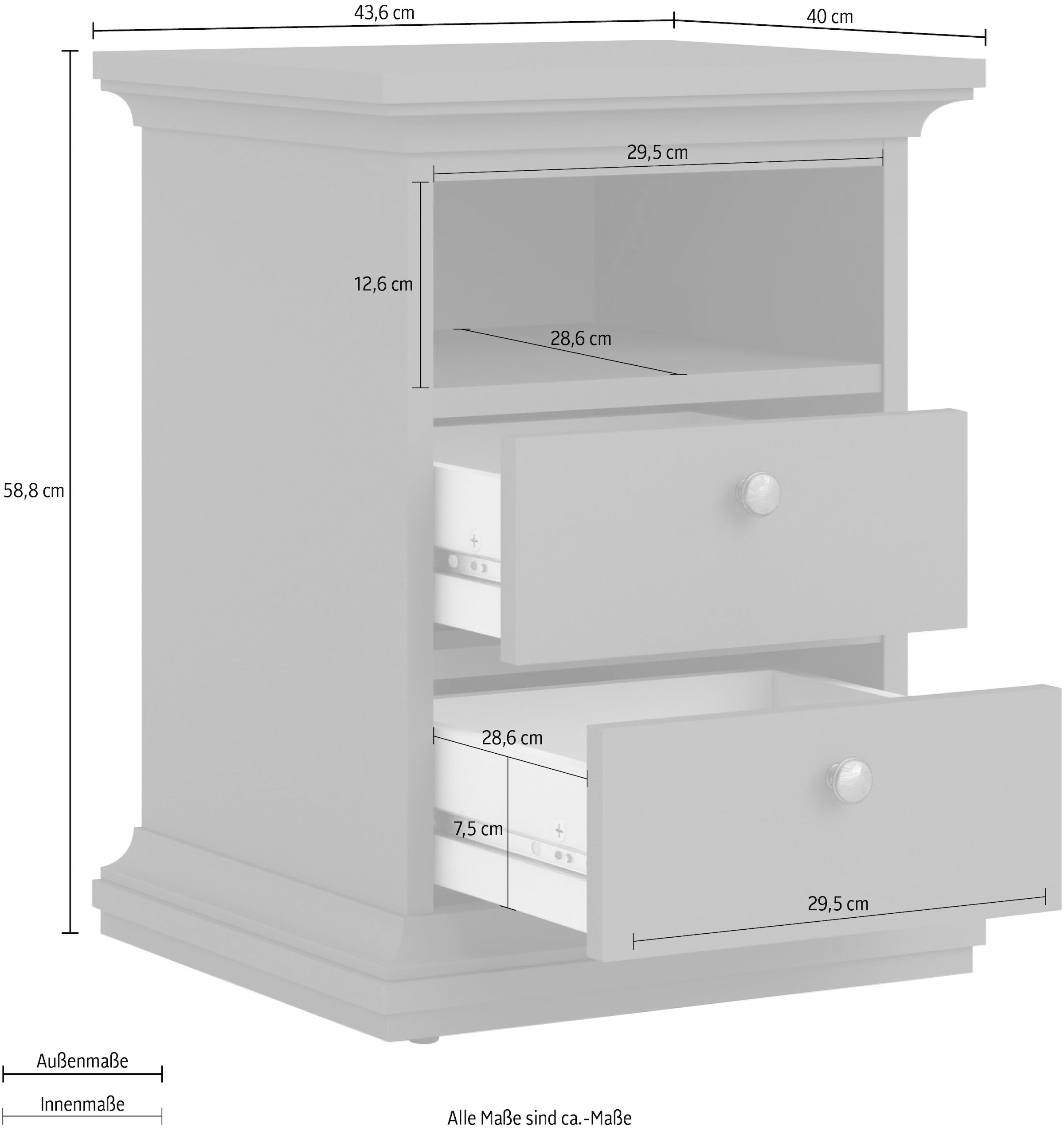 Home affaire Nachttisch »Paris Nachtkommode, Nachtschrank, Beistelltisch«, mit 2 Schubladen und 1 offenen Fach, Breite 44 cm, Höhe 59 cm