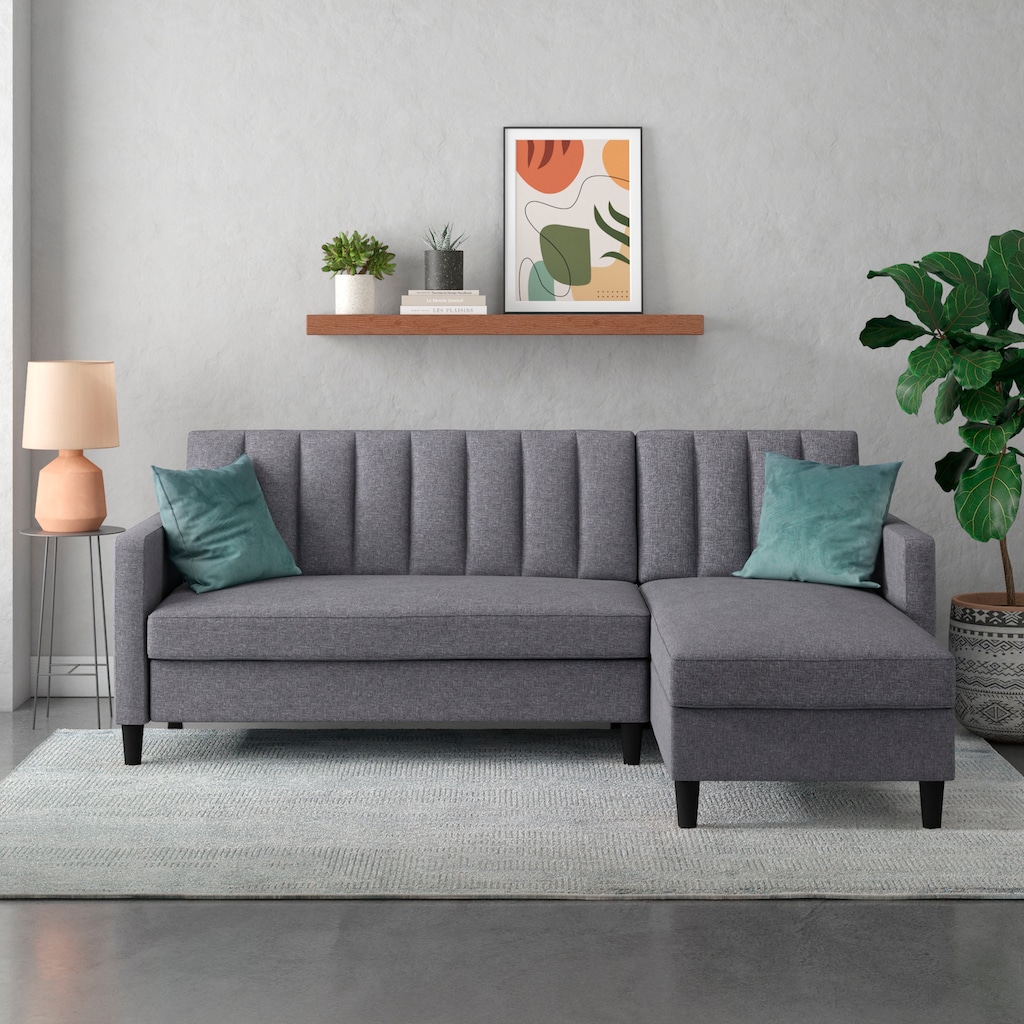 Dorel Home Ecksofa mit Schlafffunktion, Recamiere mit Stauraum beidseitig montierbar, Rückenlehne 2-teilig und 3-fach verstellbar