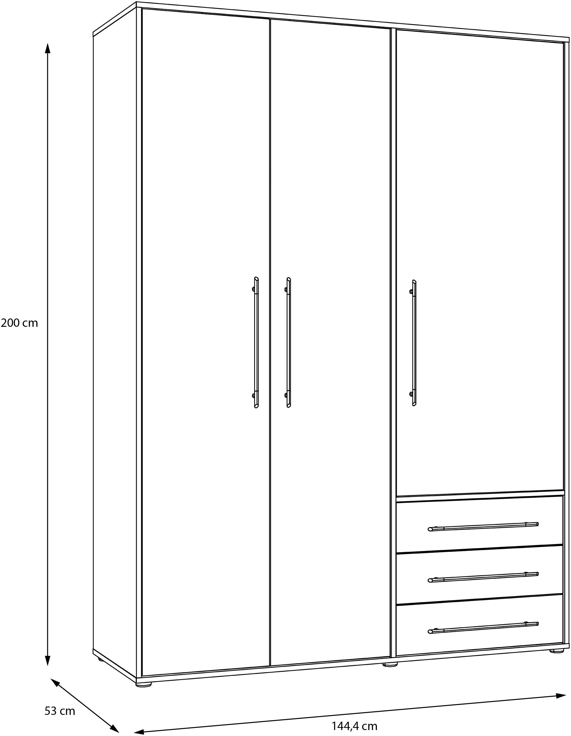FORTE Drehtürenschrank »Kleiderschrank,zeitloses Design,3 türig« viel Stauraum, Schubladen, Stangengriffe, Made in Europe