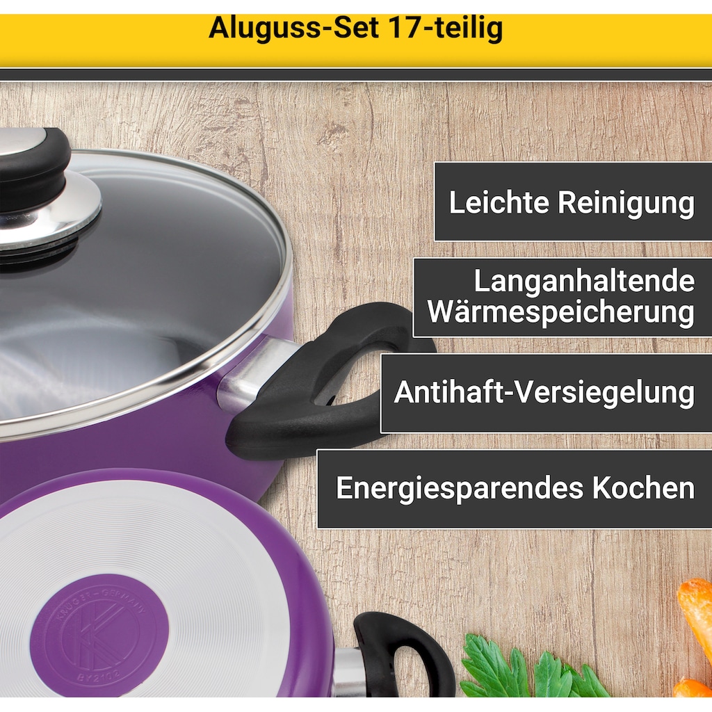 Krüger Topf-Set, Aluminiumguss, (Set, 17 tlg., Fleischtopf 16/18/20/24 cm, Stieltopf 16 cm, Steakpfanne)