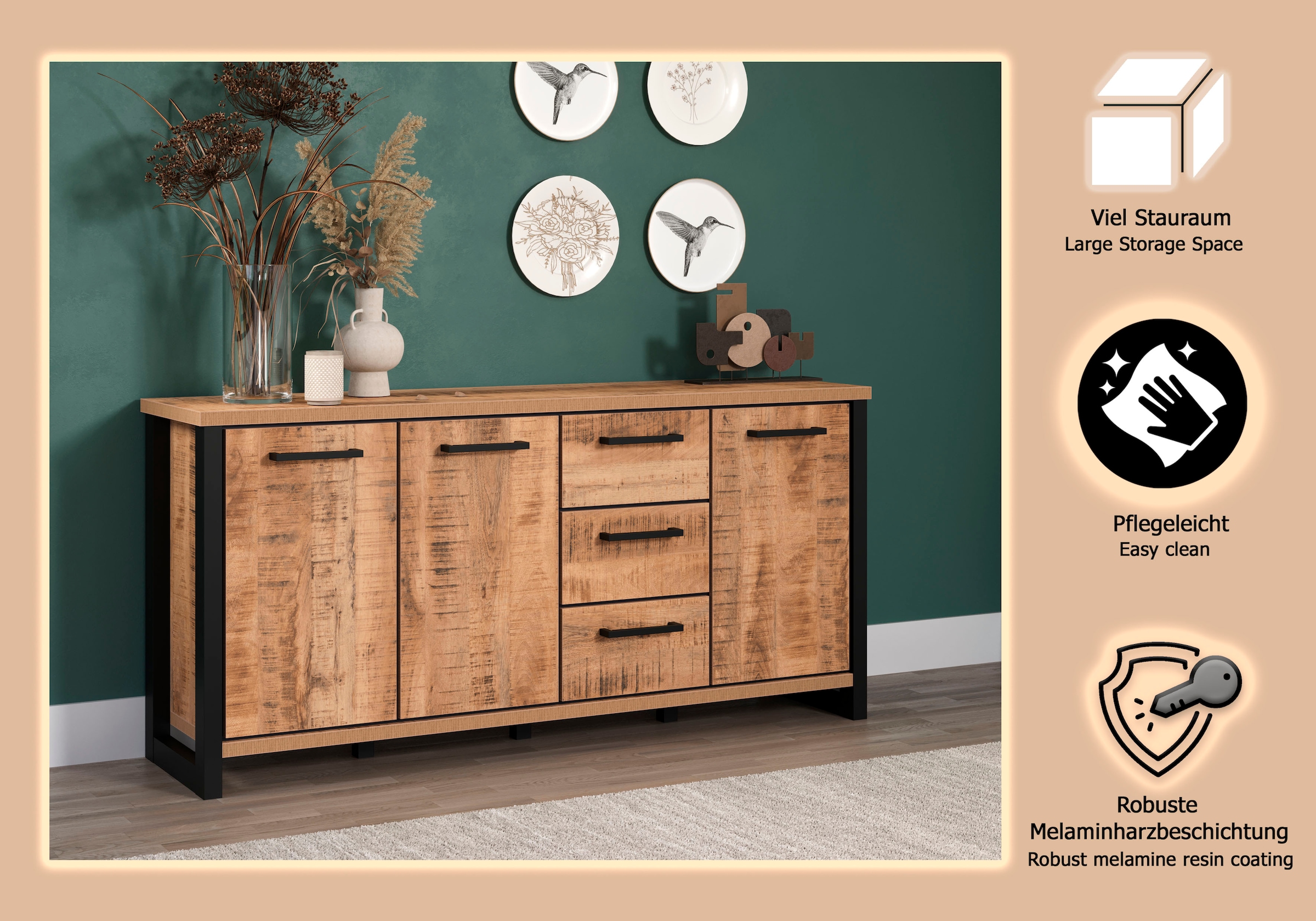 Home affaire Sideboard »Elda« 1 Stk. tlg. Sideboard mit 3 Türen & 3 Vollauszug Schubladen – (B/T/H) 180/45/86 cm