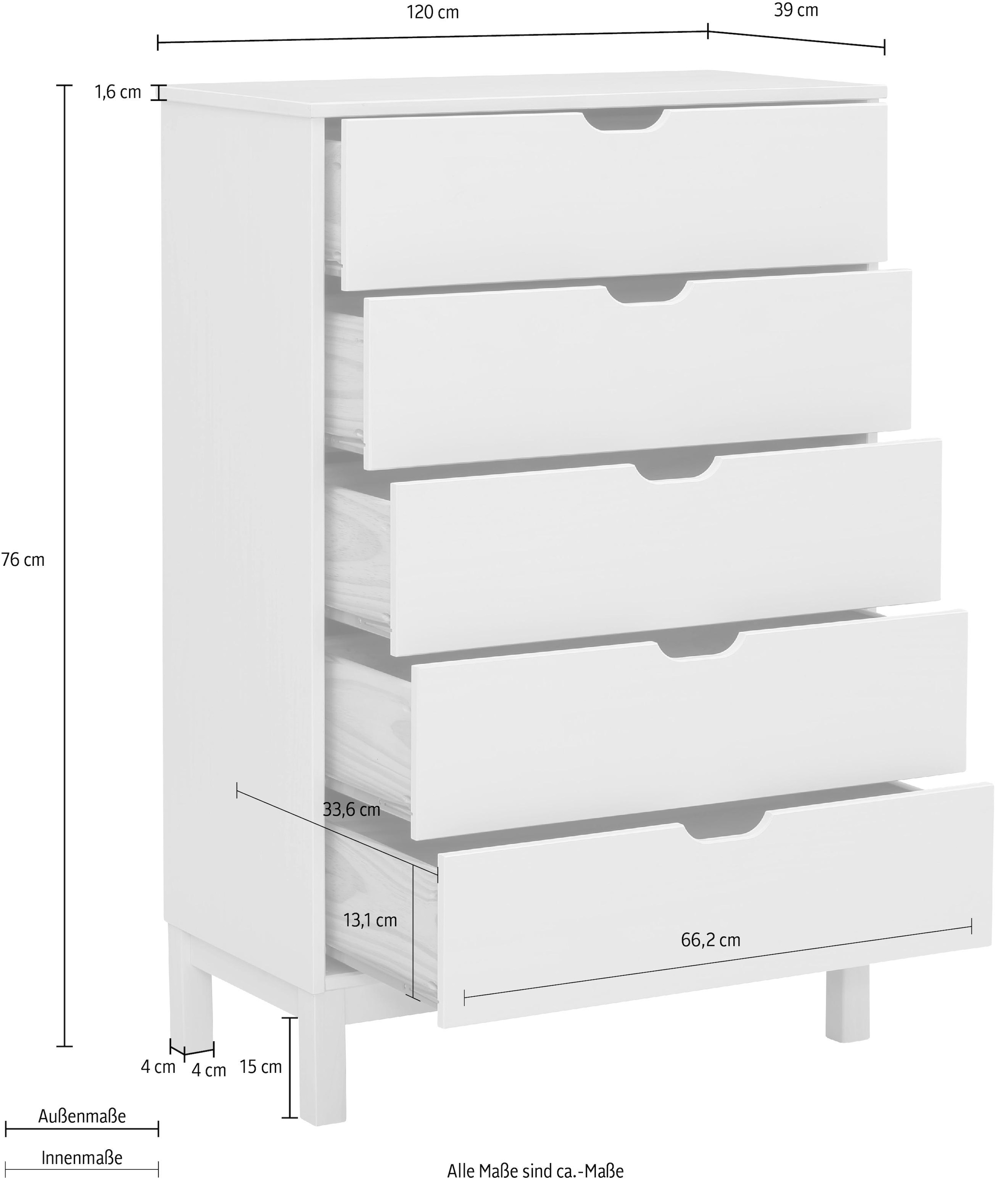 Home affaire Kommode »Post«, massives Kiefernholz, mit vielen Stauraummöglichkeiten, Breite 76 cm