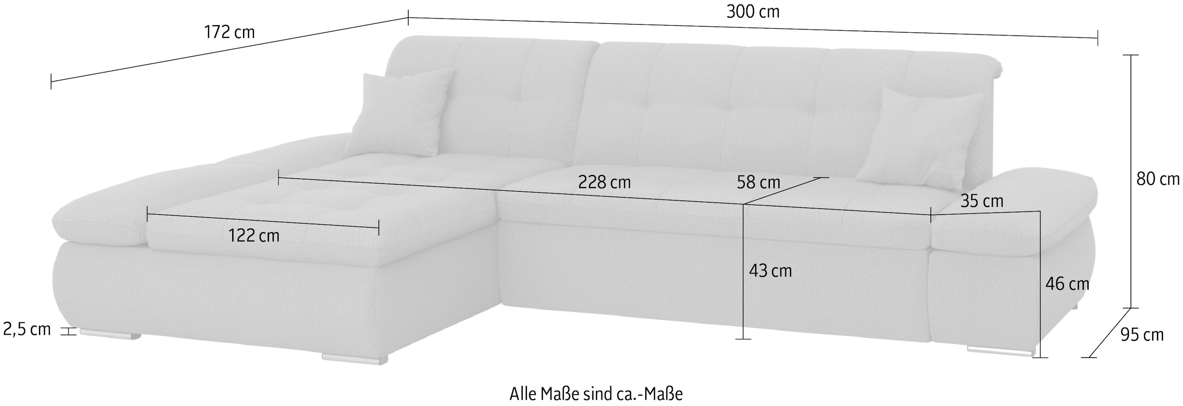 DOMO collection Ecksofa »Moric, L-Form, XXL-Sofa - Breite 300cm«, wahlweise mit Bettfunktion und Armteilverstellung, dunkelgrün