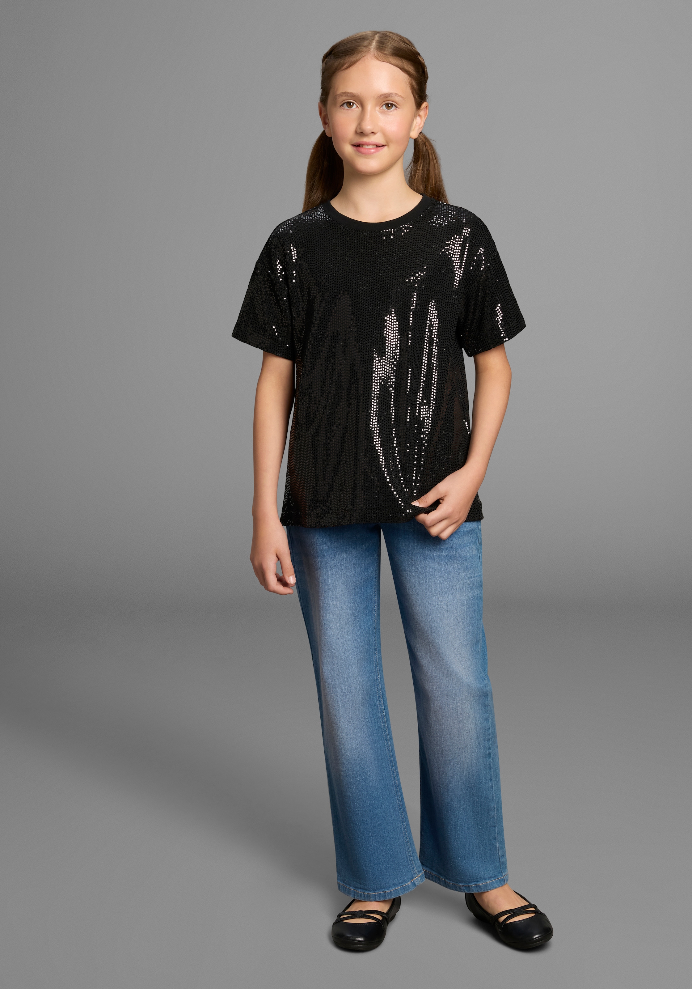Bruno Banani T-Shirt »festliches Glitzershirt in Paillettenoptik, für Mädchen« Für TEENS, Shirt aus glitzernden Material