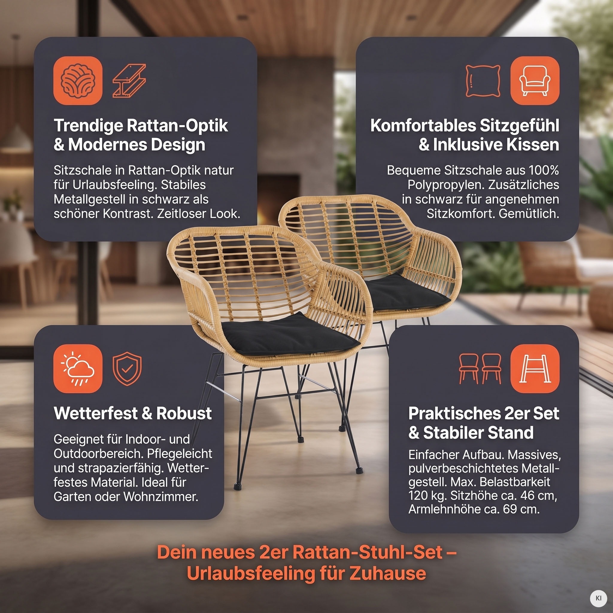 SalesFever Stuhl »Wels - Komfortabler Sitzplatz« (Set) 2 Stk.Zweier-Set: Wetterfestes Kunststoffgeflecht in Rattanoptik