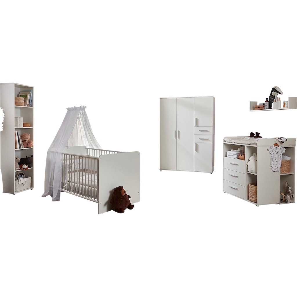 BMG Möbel Babyzimmer-Komplettset »Lea«, (Set, 7 St., Bett, Wickelkommode, Schrank, Standregal, Unterstellregal, Wandboard)