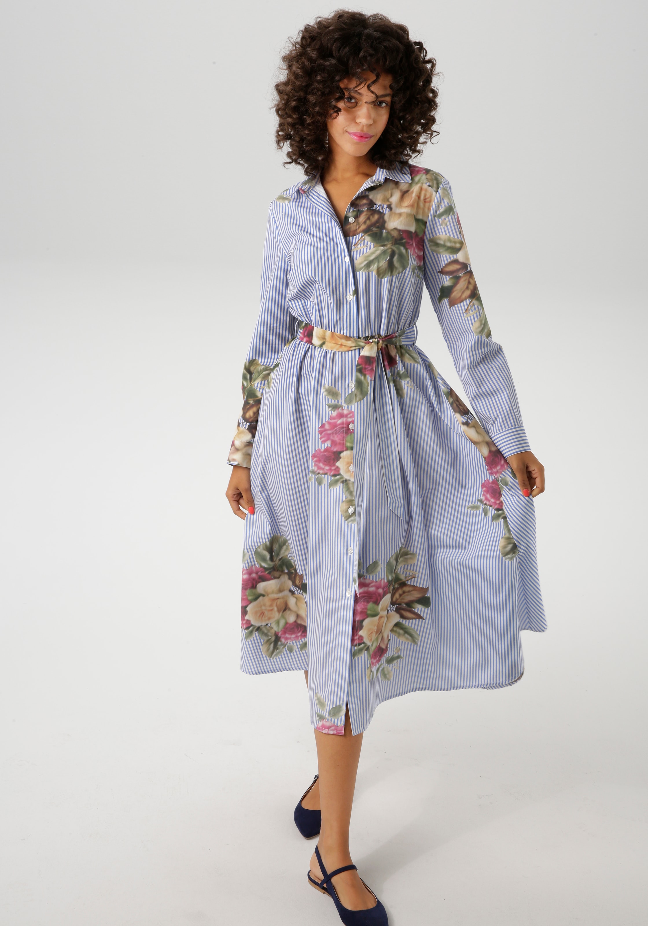 Aniston CASUAL Blusenkleid, mit Rosen auf gestreiftem Untergrund