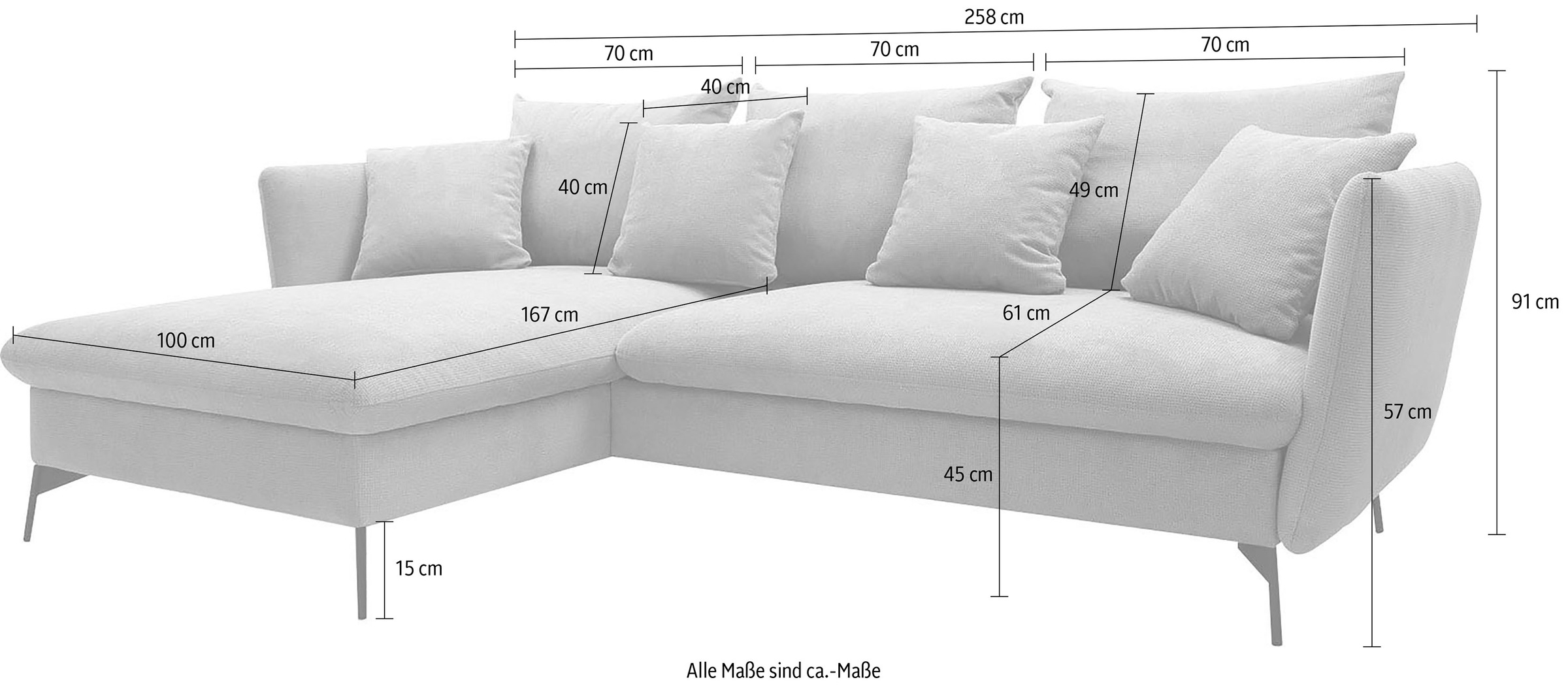 andas Ecksofa »LIVORNO,258 cm, L-Form,«, Schlaffunktion u. Bettkasten (139/224cm), Samt, Struktur, Webstoff