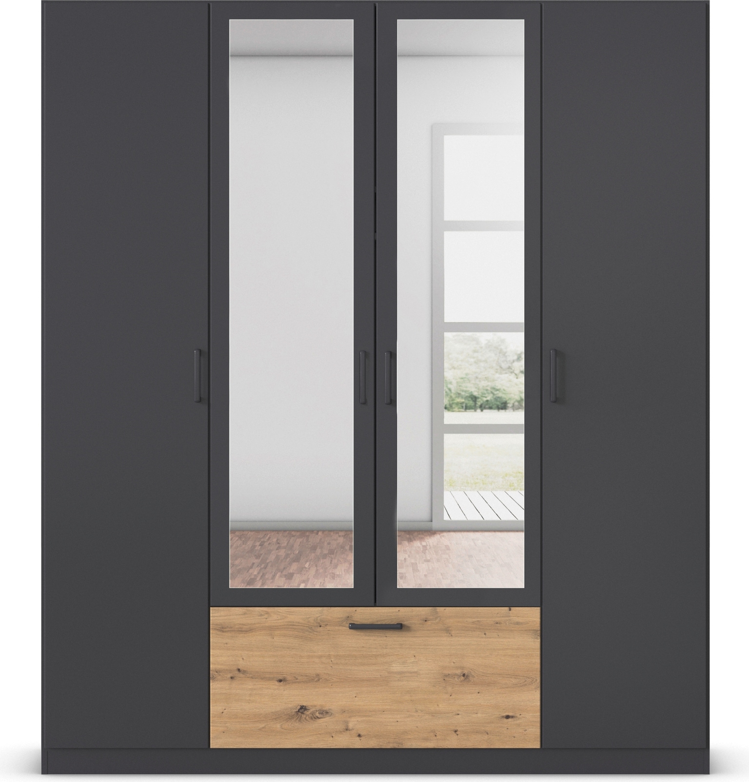 rauch Drehtürenschrank »Kleiderschrank Schrank Garderobe Wäscheschrank BARI mit Spiegel«, mit Schubasten mittig, moderner Griff in Graumetallic MADE IN GERMANY