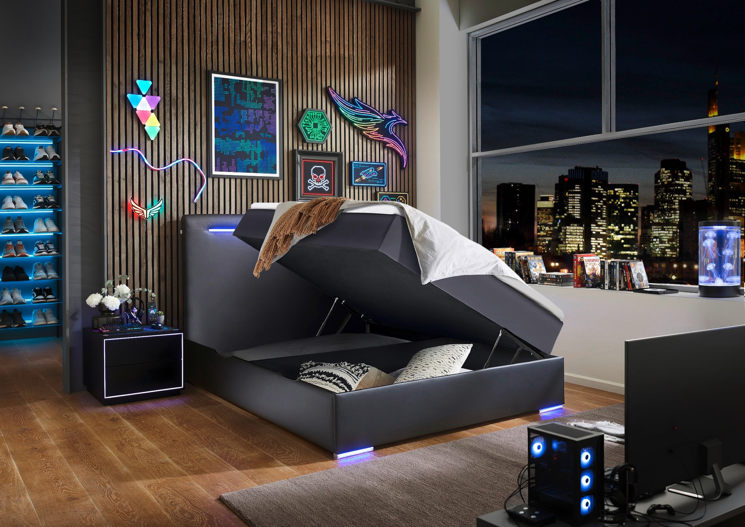 meise.möbel Boxbett »Candela inkl. Bettkasten, Topper & LED-Beleuchtung an Kopfteil & Füßen«