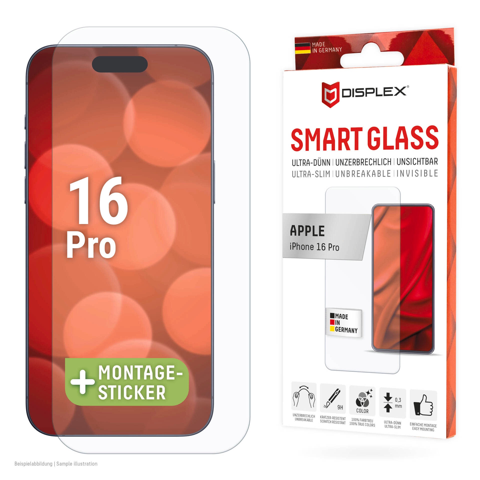 Displex Displayschutzglas »Smart Glass Screen Protection«, für Apple iPhone 16 Pro, Displayschutzfolie, Schutzfolie, Bildschirmschutz, kratz- & stoßfest