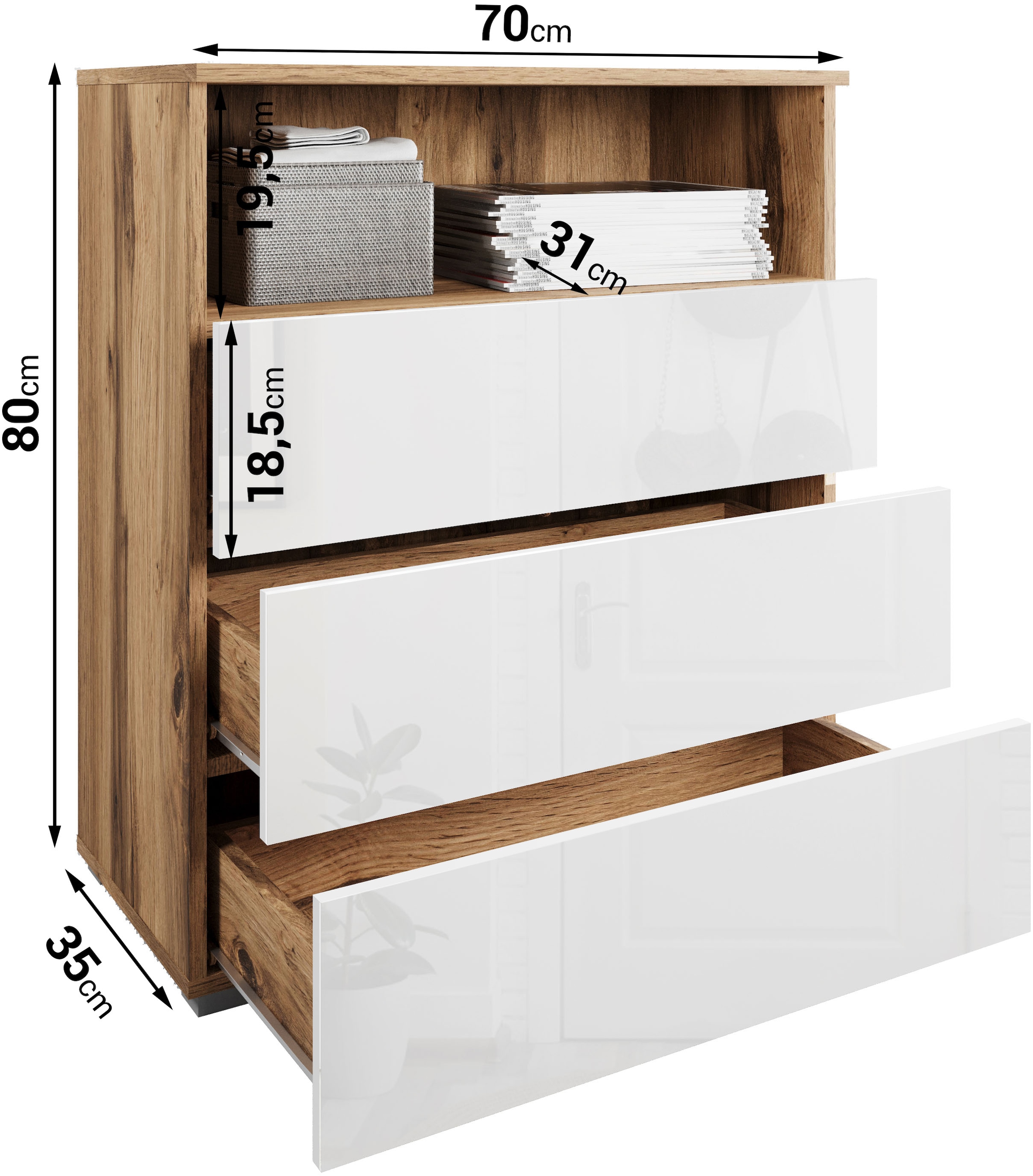 OTTO home Kommode »Paris« mit 3 Schubkästen (Breite 70 cm)