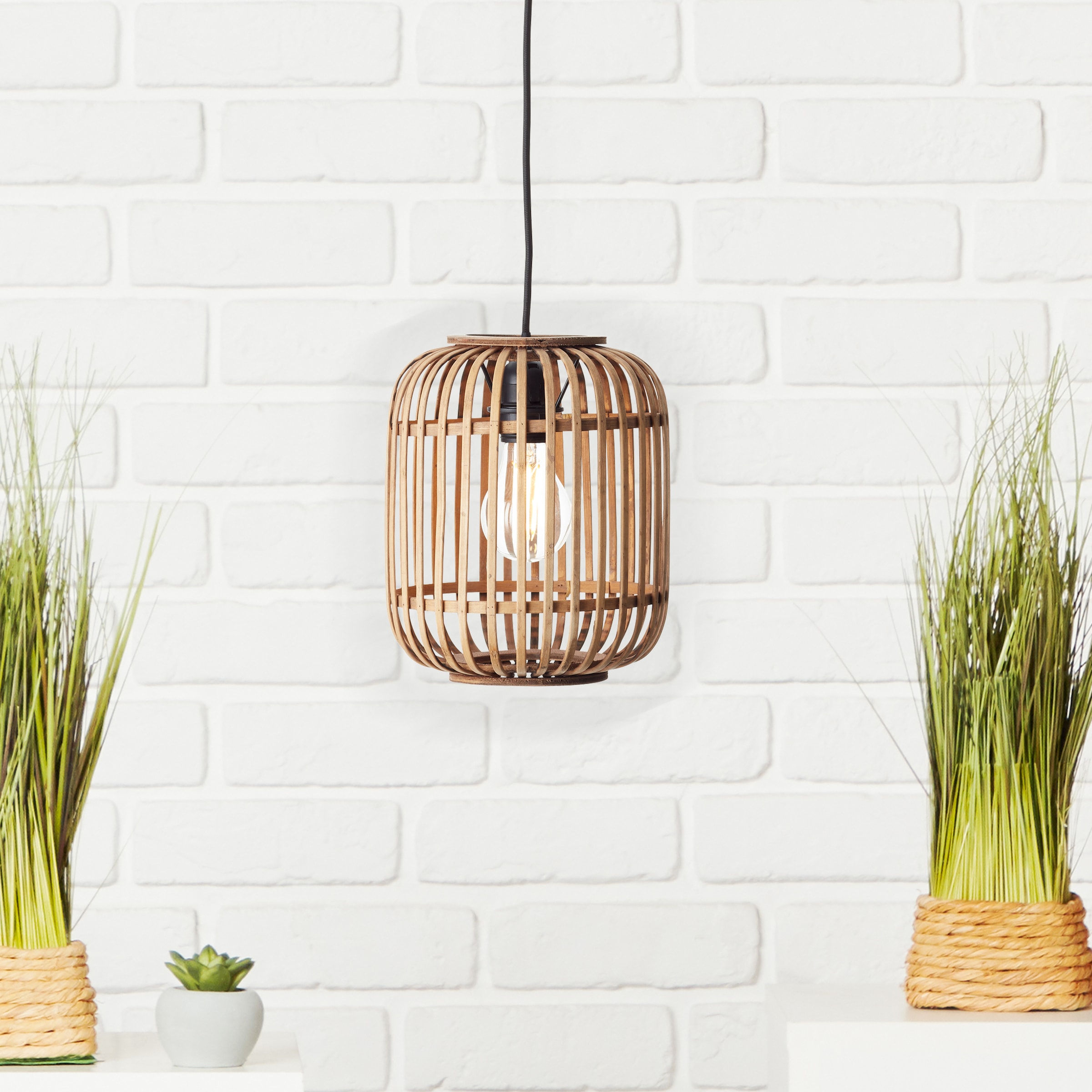 Brilliant Pendelleuchte »Woodrow«, 1 flammig, Leuchtmittel E27 | ohne Leuchtmittel, Bambus Lampe im Boho Stil, 130 x 21 cm, E27