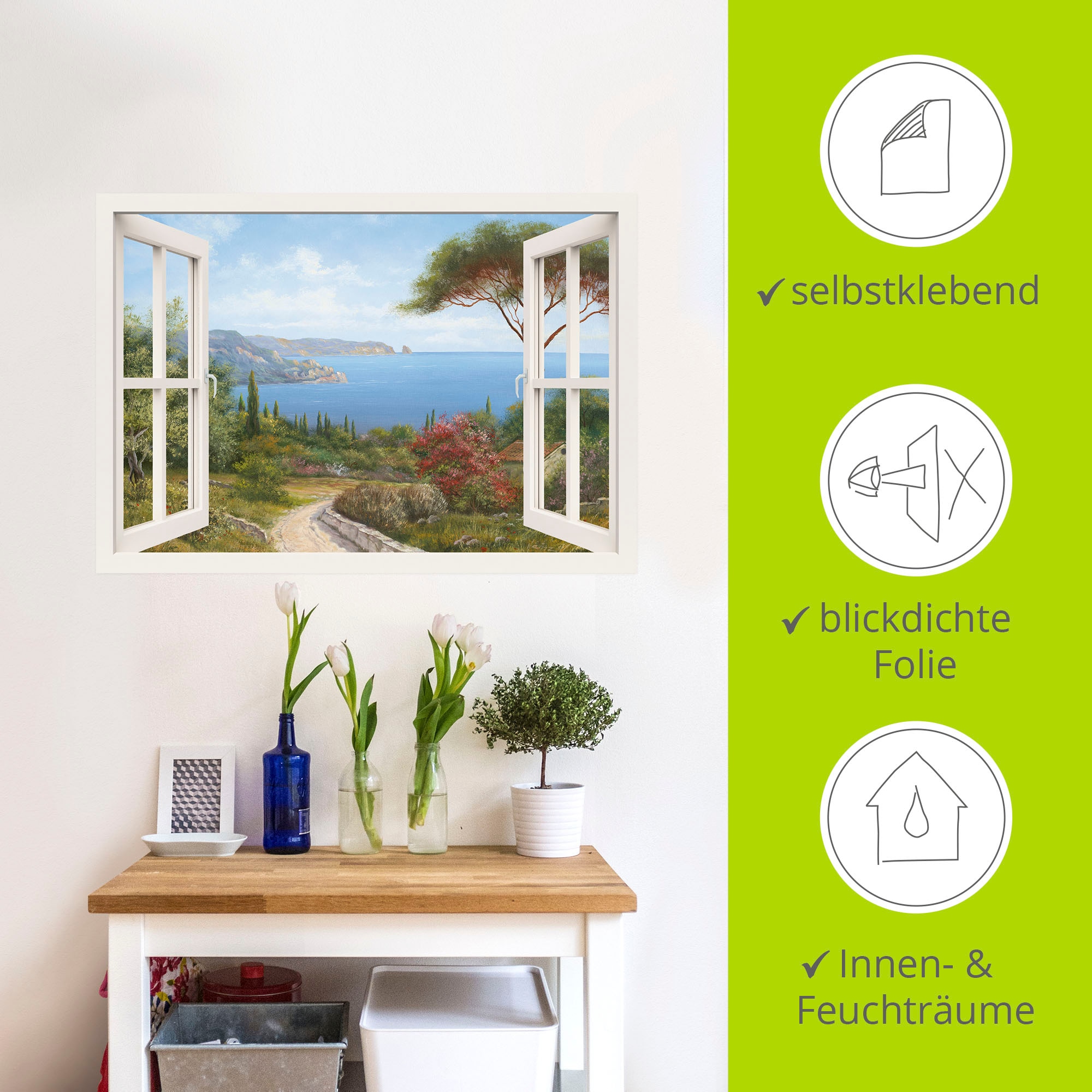 Artland Wandbild »Fensterblick - Haus am Meer I«, Fensterblick, (1 St.), als Leinwandbild, Poster, Wandaufkleber in verschied. Größen