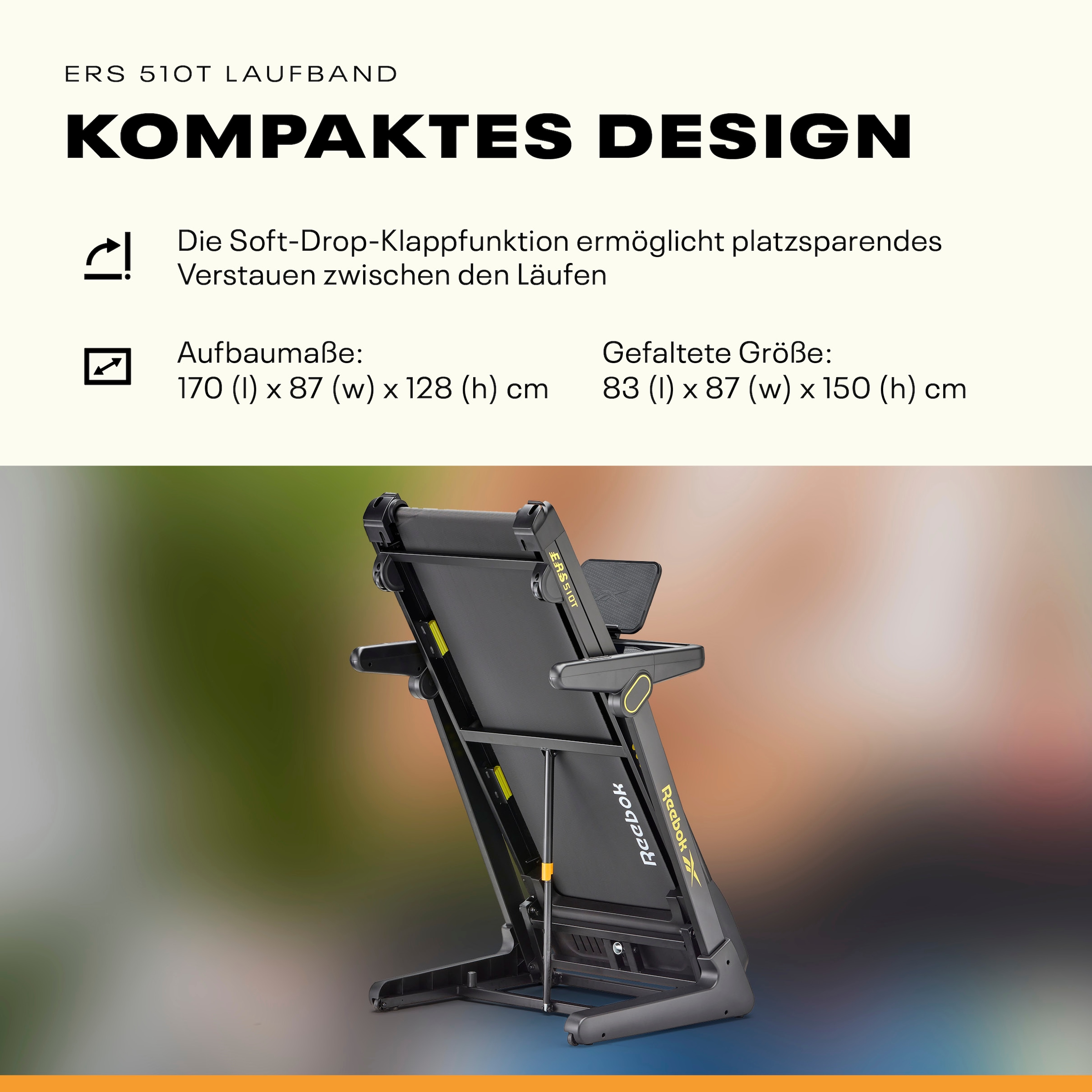 Reebok Laufband »Reebok ERS 510T Laufband – klappbar, 18 km/h« Suspension-Dämpfung, Soft-Drop-Klappsystem, 90% vormontiert