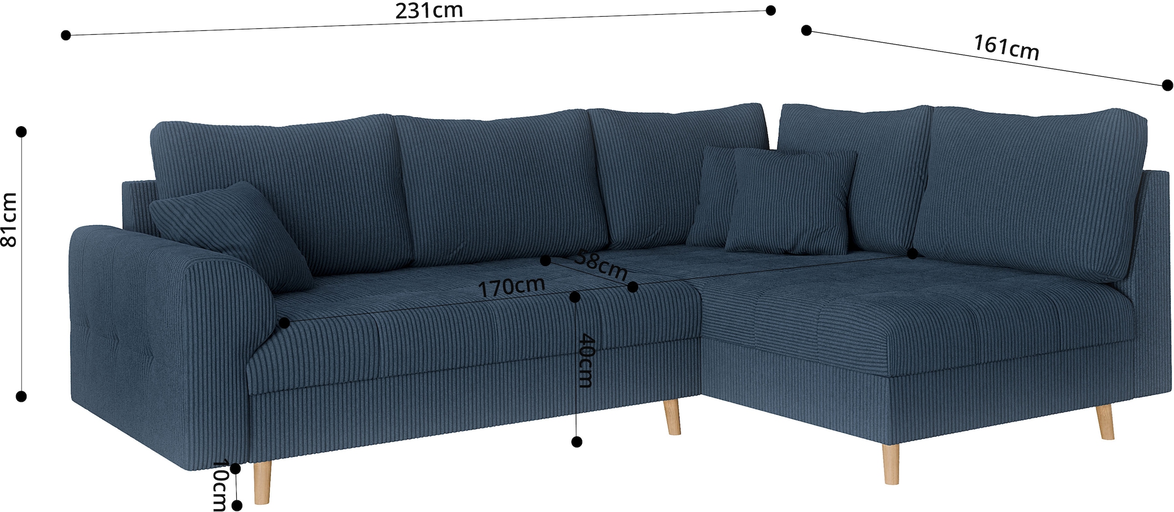 Home affaire Ecksofa »CHARRE L-Form mit Ottomane, Maße B/T/H: 231/161/81 cm«, feine Steppung, lose Rücken- und Zierkissen, auch in Cord und Bouclé