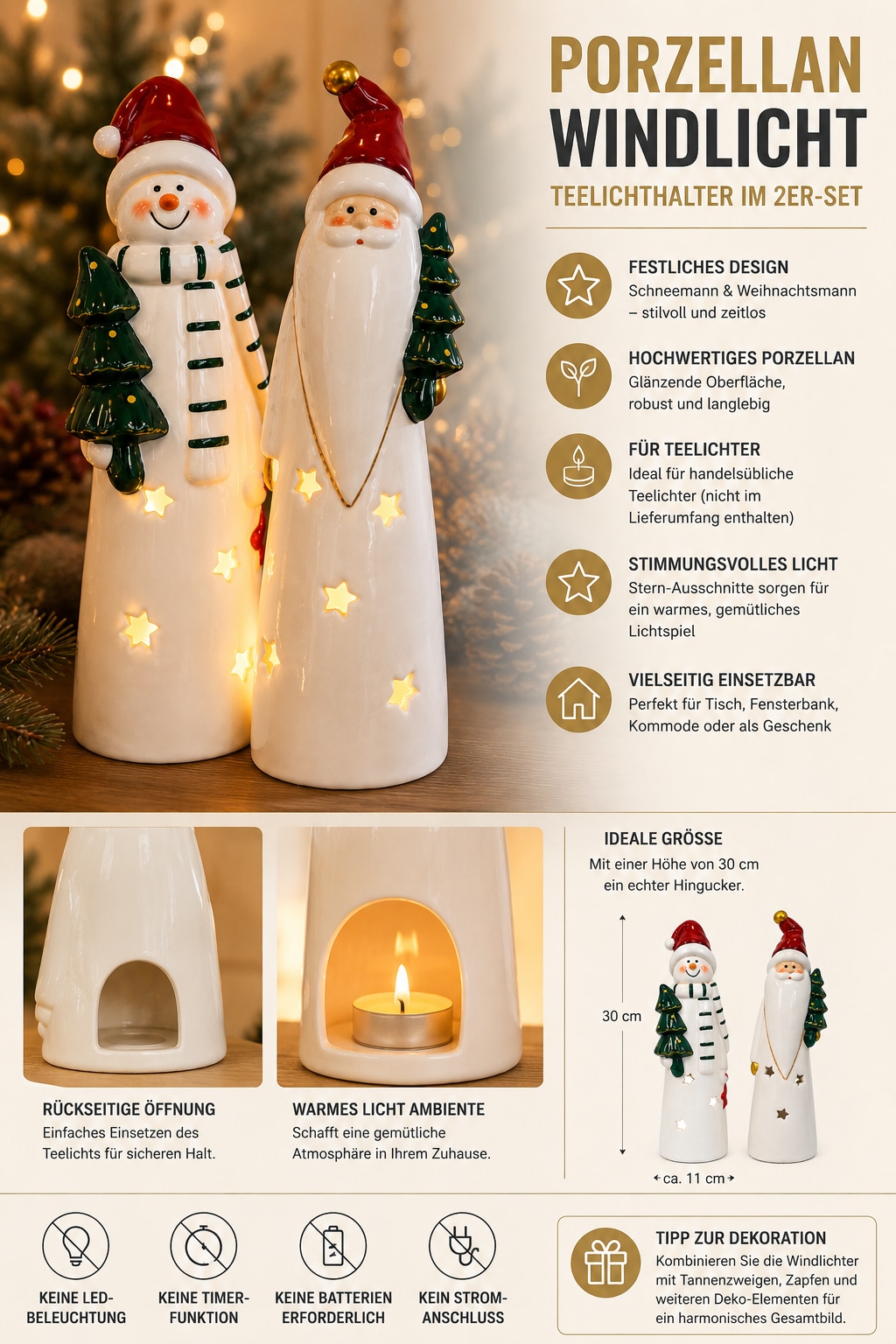 OTTO home Teelichthalter »Deko Weihnachten Eeske, aus Porzellan detailreich bemalt« Weihnachtsmann und Schneemann im 2er Set, jeweils ca.31cm hoch