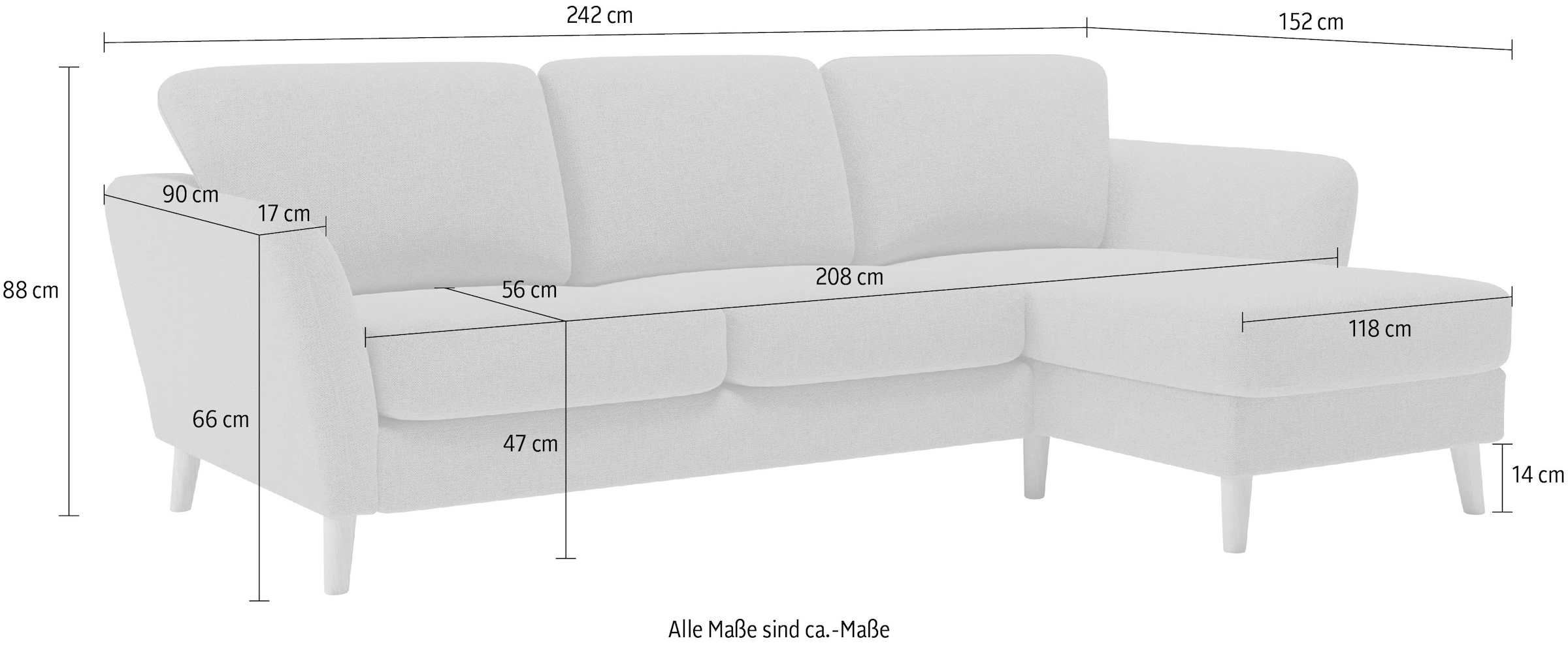 Home affaire Ecksofa »MARSEILLE (242/152cm),L-Form, Rec. rechts/links« Massivholzbeine Eiche, Landhausstil, Wellenunterfederung