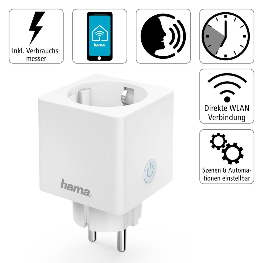 Hama Steckdose »WLAN Steckdose Mini Verbrauchsmesser o.Hub App-Sprachsteuerung 3.680W«, Mit erhöhtem Berührungsschutz, Verbrauchsmesser