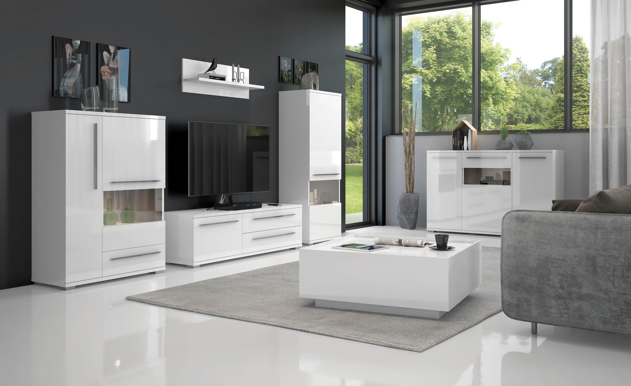 Places of Style Highboard »Piano Vitrine«, (H/B/T): 123/90/40,2cm), UV lackiert, Soft-Close Funktion