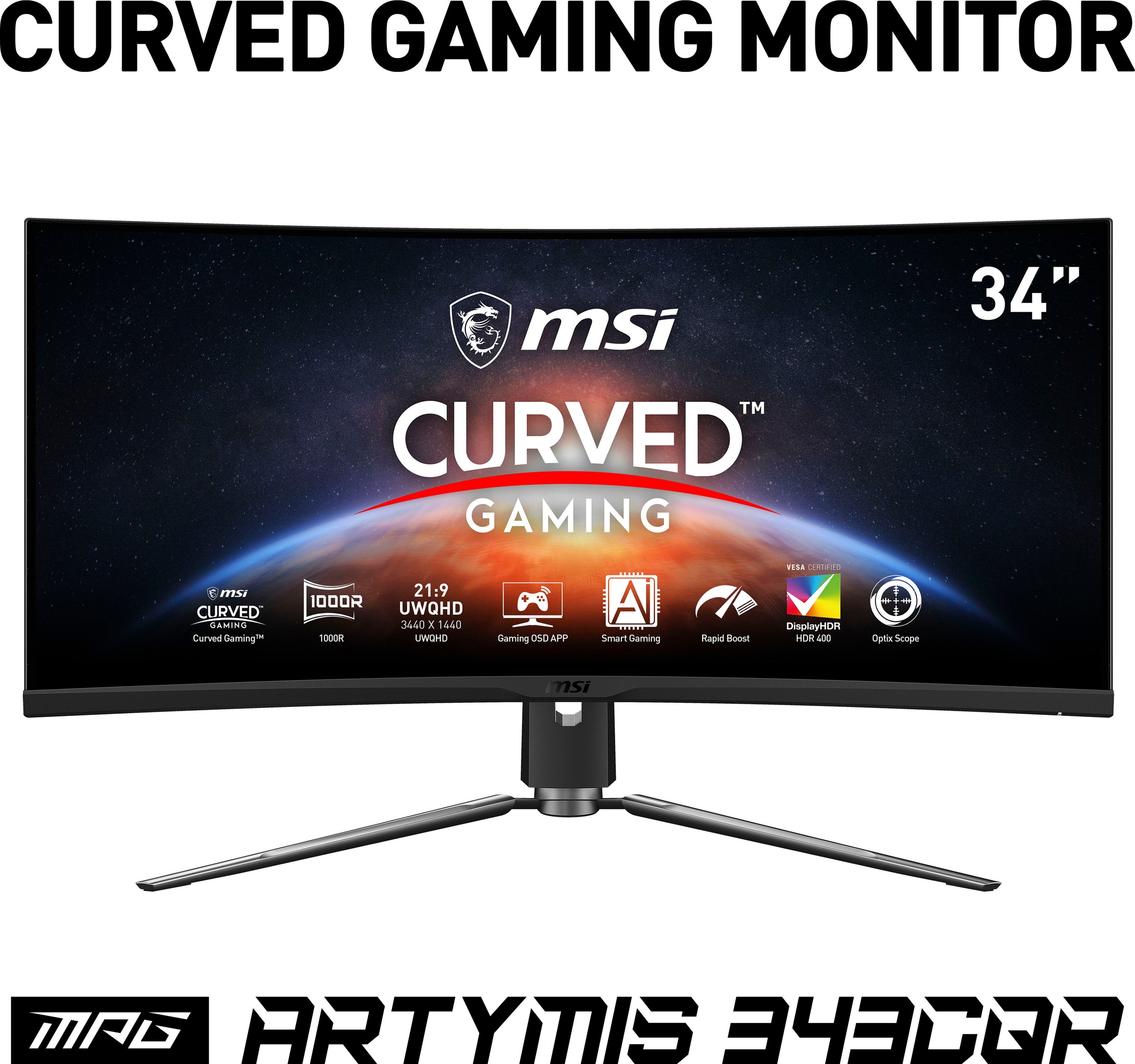 MSI Curved-Gaming-LED-Monitor »MPG Artymis 343CQR«, 86 cm/34 Zoll, 3440 x 1440 px, UWQHD, 1 ms Reaktionszeit, 165 Hz, höhenverstellbar, 3 Jahre Herstellergarantie