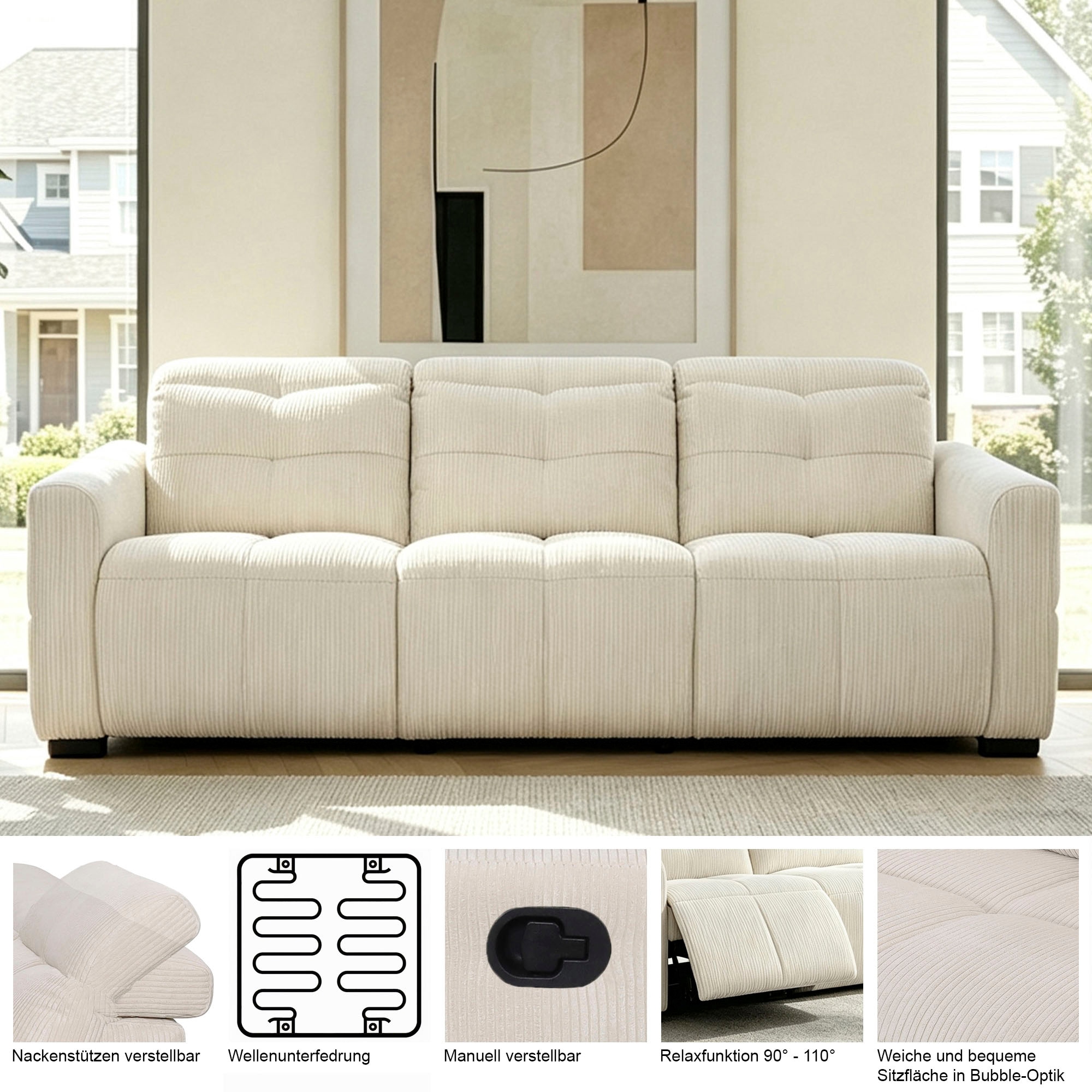 OTTO home 3-Sitzer »CAARLA Webstoff, Sofa, 224 cm, man. o. elektr. Relaxfunktion (USB)« mit USB-A und USB-C bei elektrischer Ausführung, Kopfteilverstellung