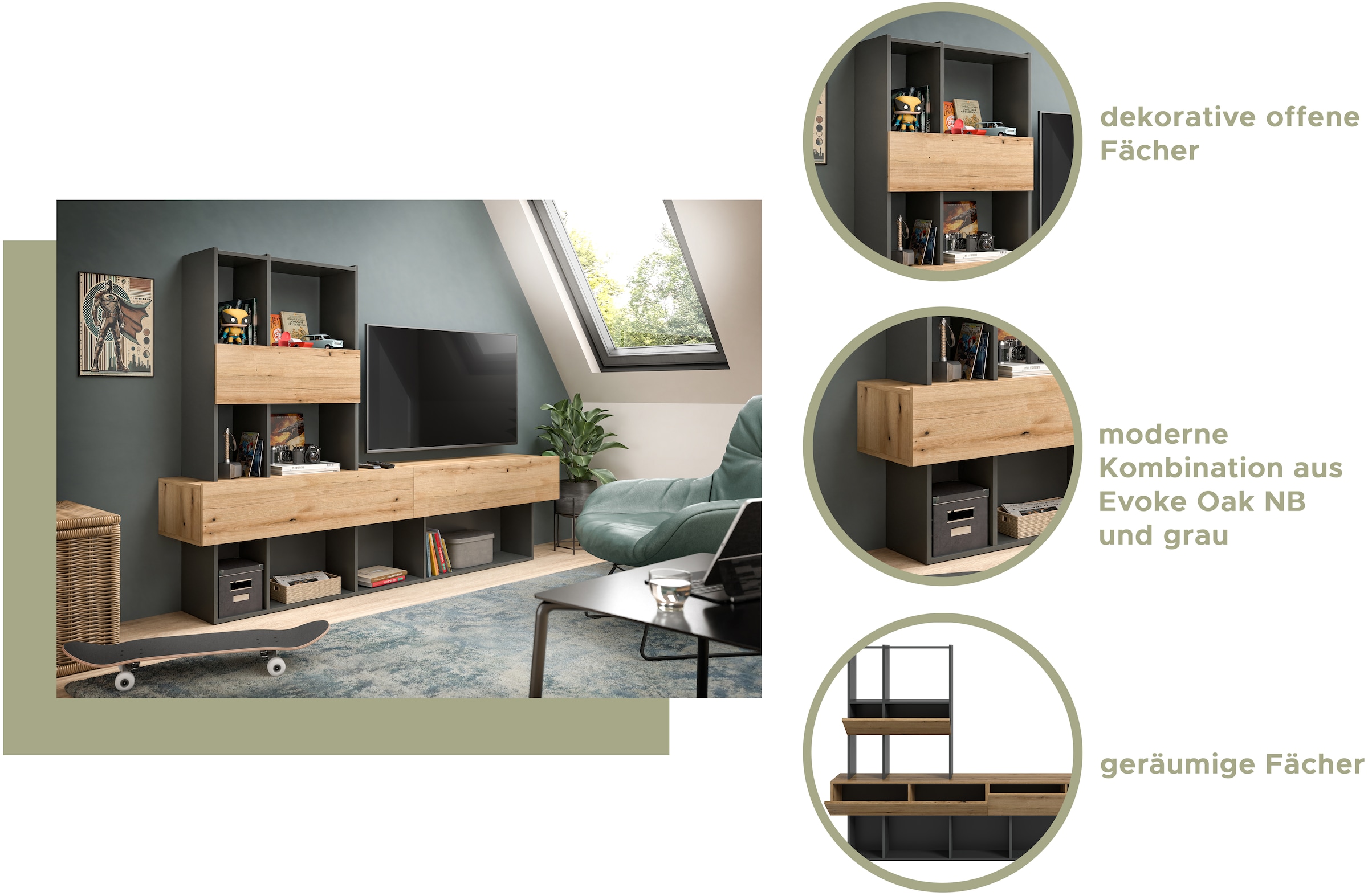 INOSIGN Wohnwand »Tyson, Breite 210 cm, besteht aus: Lowboard und Aufsatzregal«, TV-Board, TV-Möbel, Media-Möbel, Fernsehschrank