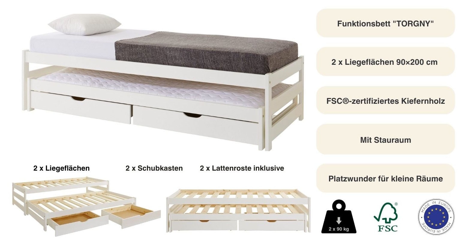 Lüttenhütt Funktionsbett »"TORGNY " mit 2 Schubladen« mit zwei Schlafplätzen