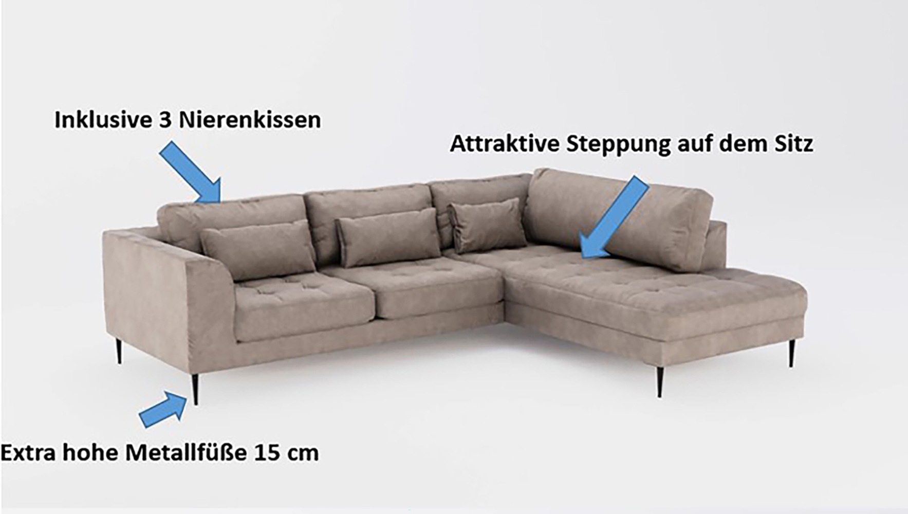 TRENDMANUFAKTUR Ecksofa »Luzi, wahlweise mit Schlaffunktion und Bettkasten, gemütlich, L-Form«, Designsofa mit Ottomane, Metallfüße schwarz, Breite 264 cm