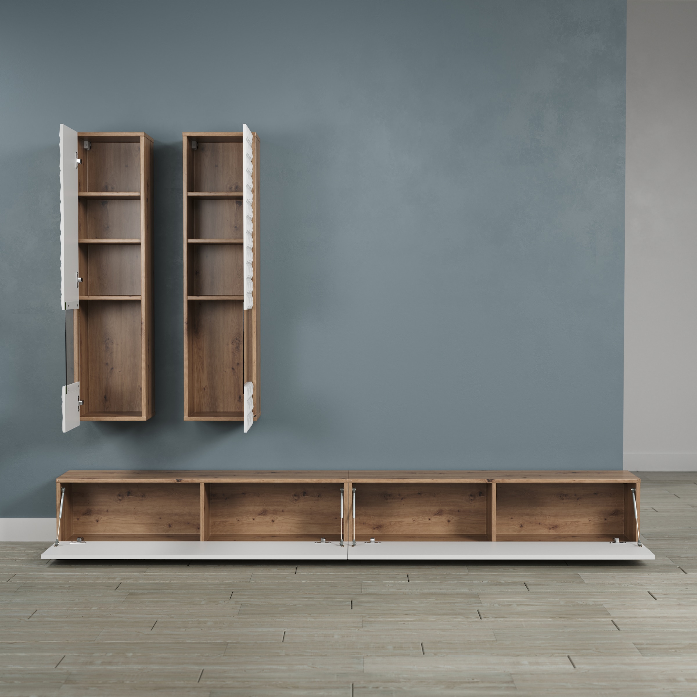 INOSIGN Wohnwand »Rezzo, 2 Hängevitrinen mit Relief-Front, 2 Lowboards je Br. 120 cm«, (Komplett-Set, 4 St.), insgesamt Br. 240 cm, Montage stehend oder hängend