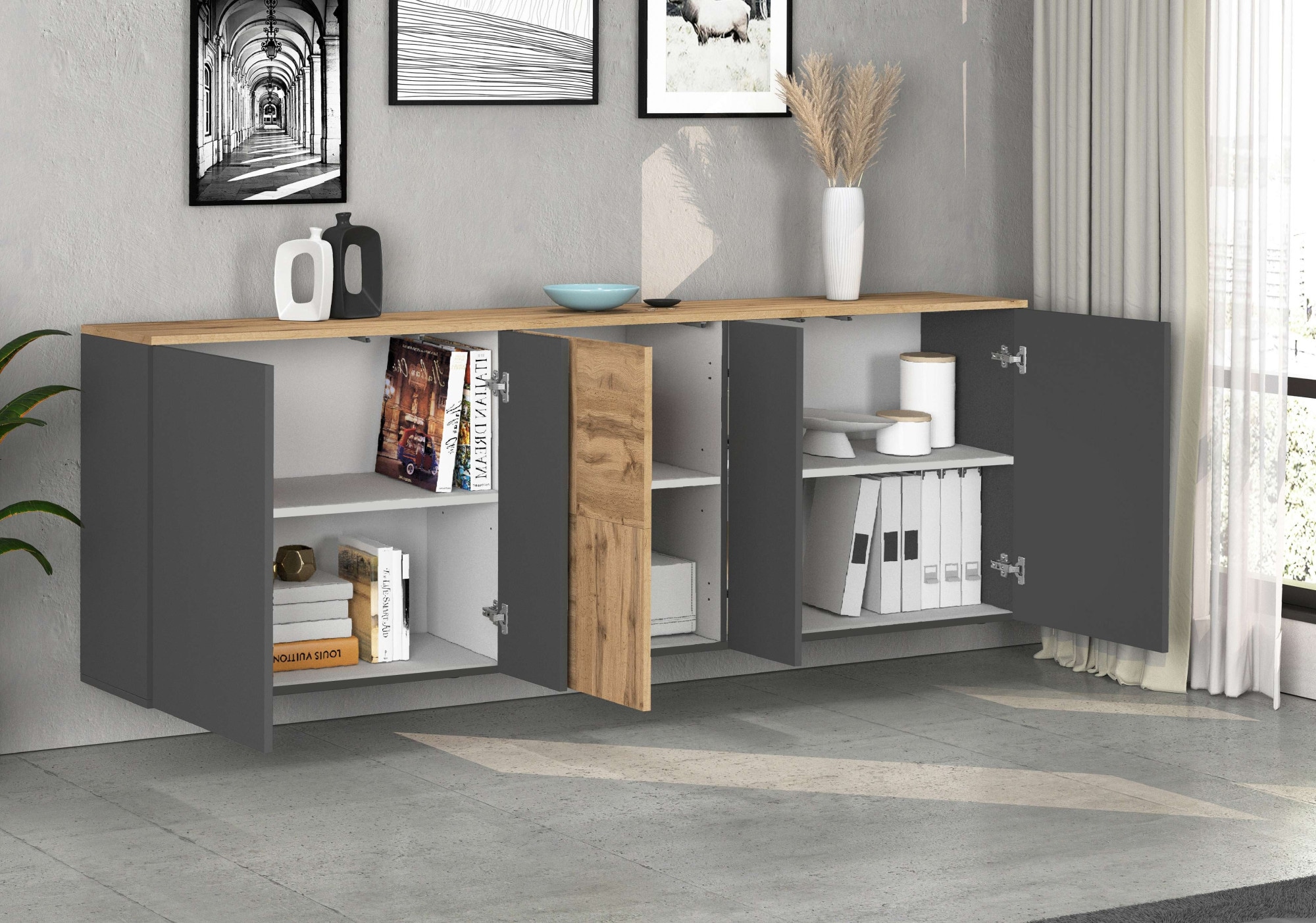 OTTO home Sideboard »ISEO, Kommode, Schrank, Sideboard, Lowboard, 6 Fächer, Breite 200 cm« 1 Stk. tlg. stehend/hängend, 5 Türen, 6 Fächer, Breite 200 cm