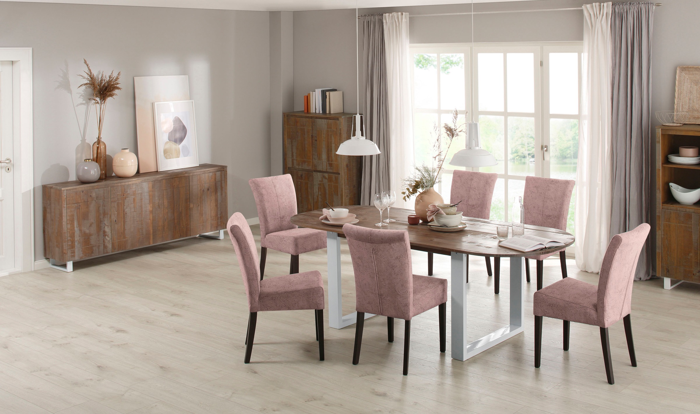 Home affaire Esszimmerstuhl »Queen«, (Set), 6 St., Luxus-Microfaser mit Druck, Beine aus massiver Buche, wengefarben lackiert, Polsterstuhl