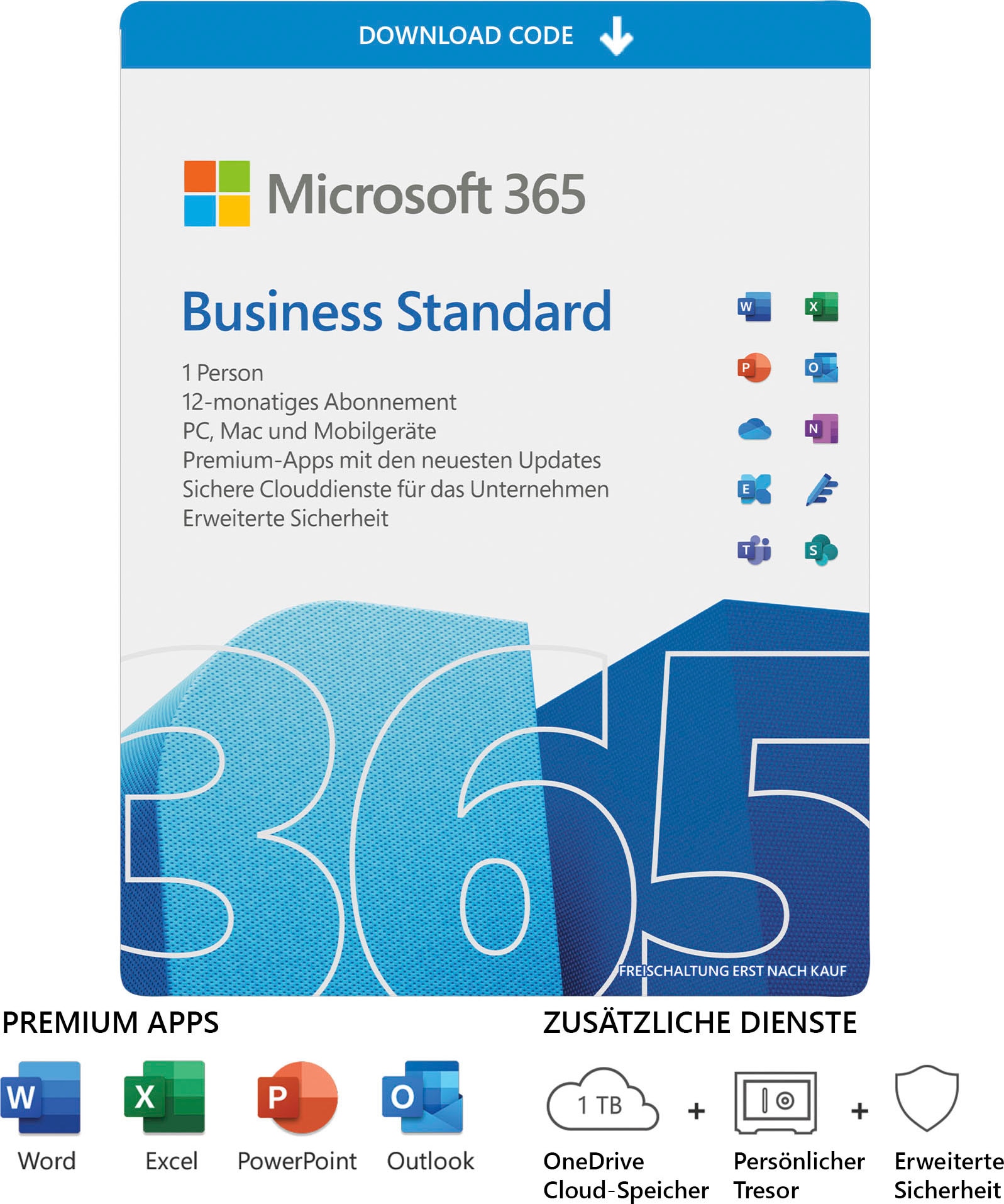 Key TB | 1 Standard Microsoft Officeprogramm Microsoft »original Product 3 UNIVERSAL für Cloudspeicher, Premium-Office-Apps, Garantie 365 Jahre Unternehmen«, Box XXL OneDrive in Business