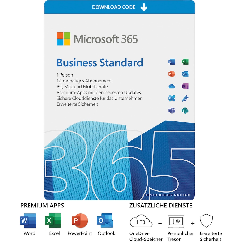 Microsoft Officeprogramm »original Microsoft 365 Business Standard für Unternehmen, Premium-Office-Apps, 1 TB OneDrive Cloudspeicher, 12 Monate, Product Key in Box«