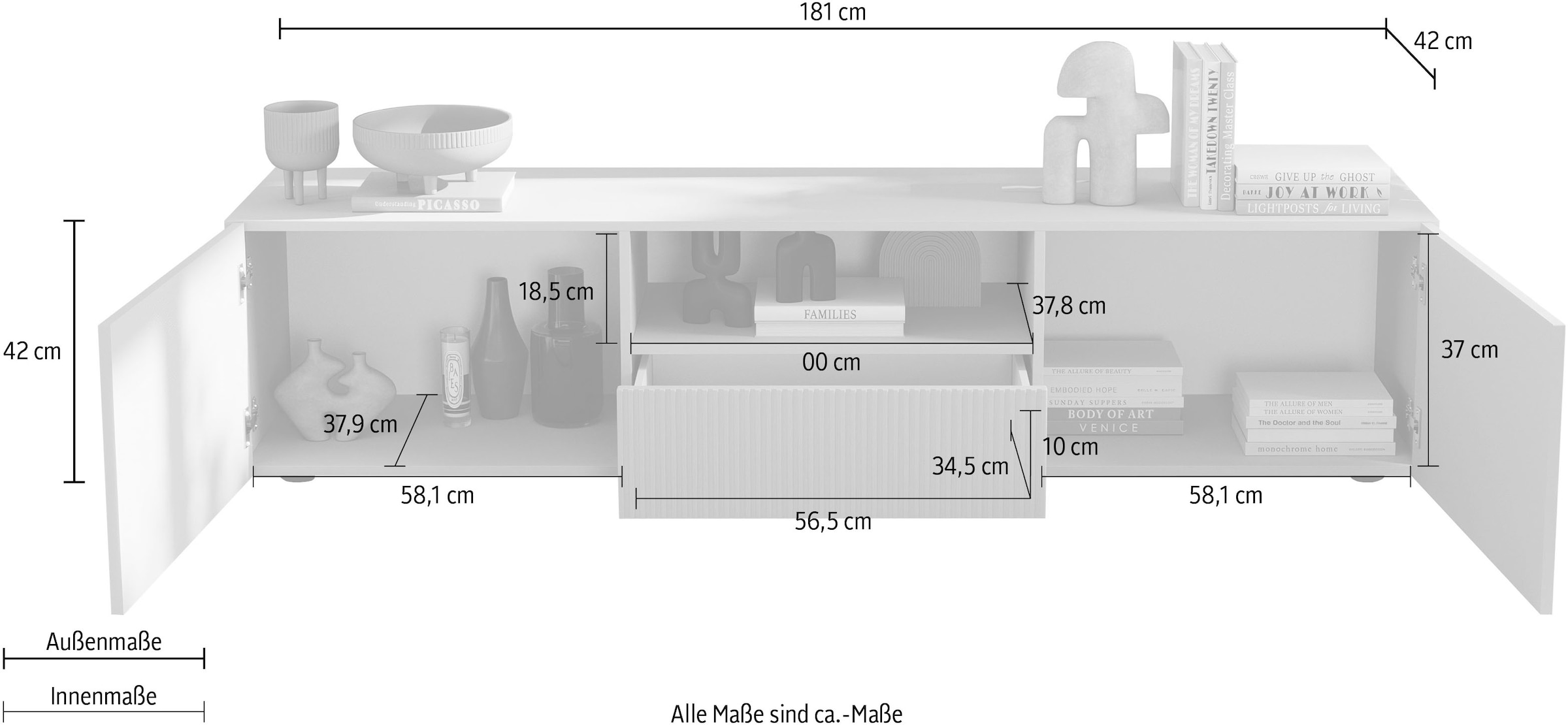 INOSIGN Lowboard »Rio Breite 181 cm, TV-Board 2 Türen u. 1 Schubkasten, TV-Schrank«, geriffelte MDF-Fronten, modern u. elegant, Kabelführung, viel Stauraum