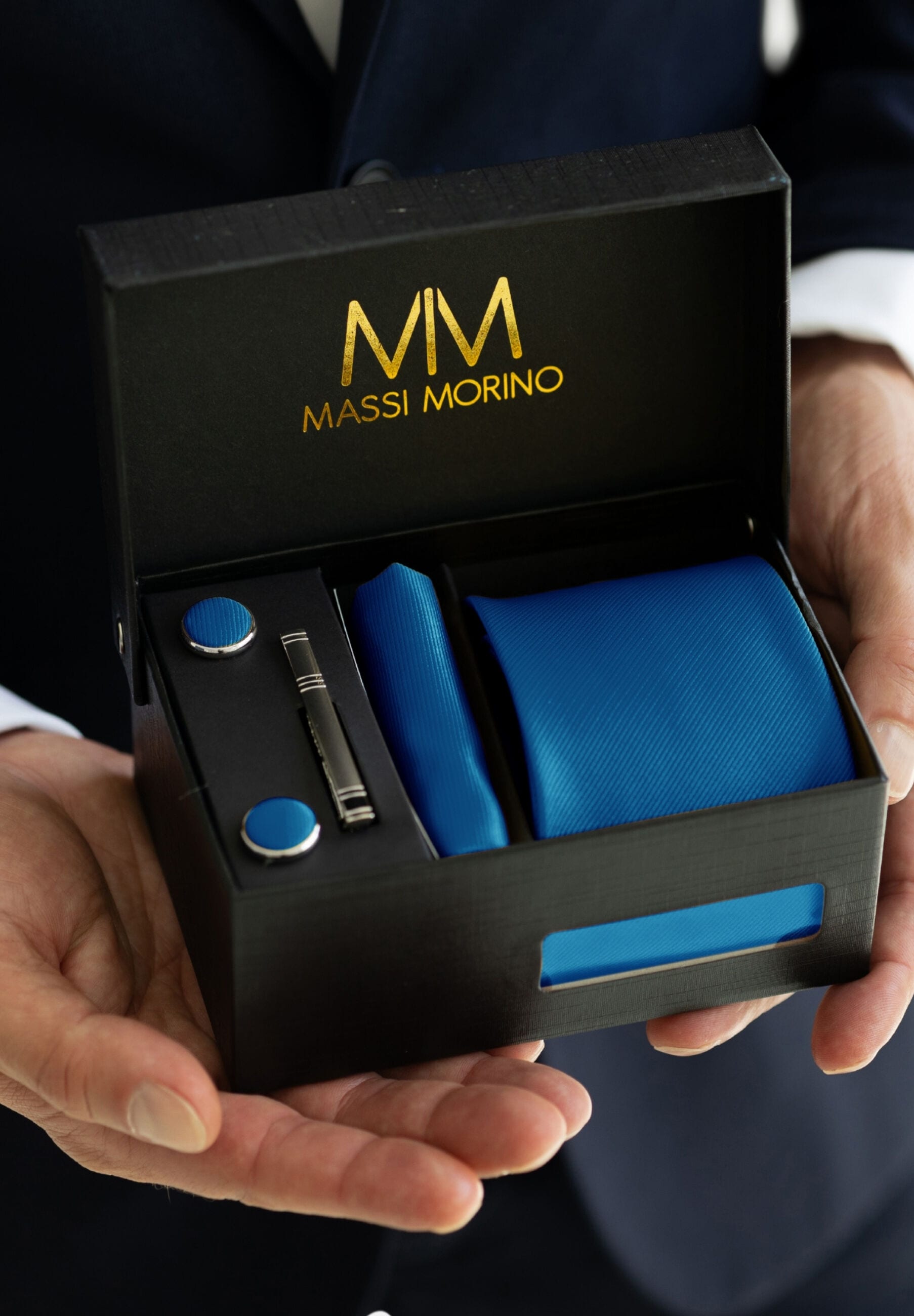 Massi Morino Krawatte »Massi Morino Krawatten-Set« mit Einstecktuch, Manschettenknöpfen und Krawattenklammer