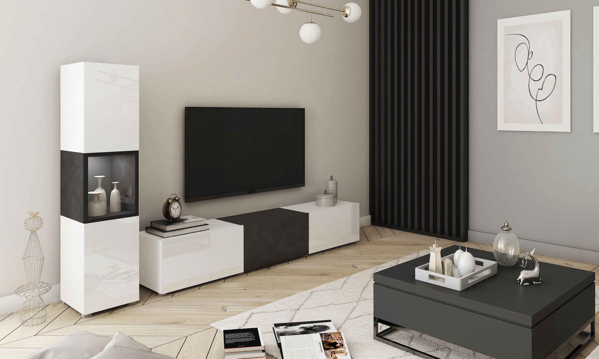 INOSIGN Wohnwand »BERLIN I«, (Komplett-Set, 2 St.), moderne grifflose Mediawand Breite 220 cm, Vitrine mit Verglasung