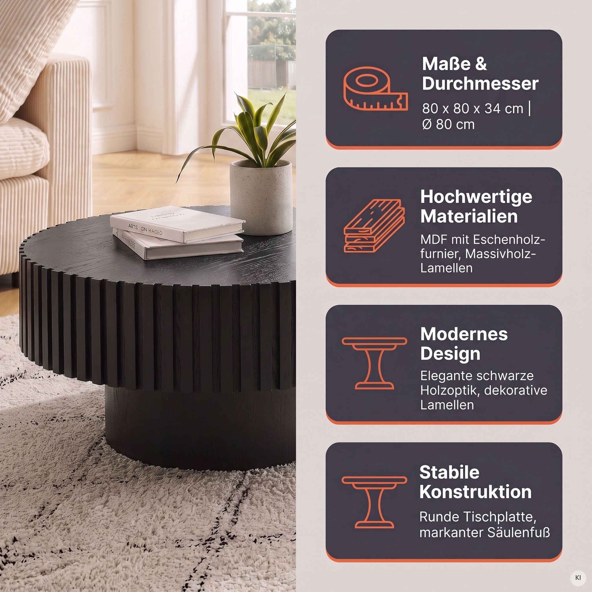 SalesFever Couchtisch »rund mit Massivholz-Lamellen Ø 80 cm« 1 Stk. tlg. Moderner Holztisch fürs Wohnzimmer mit Echtholzfurnier