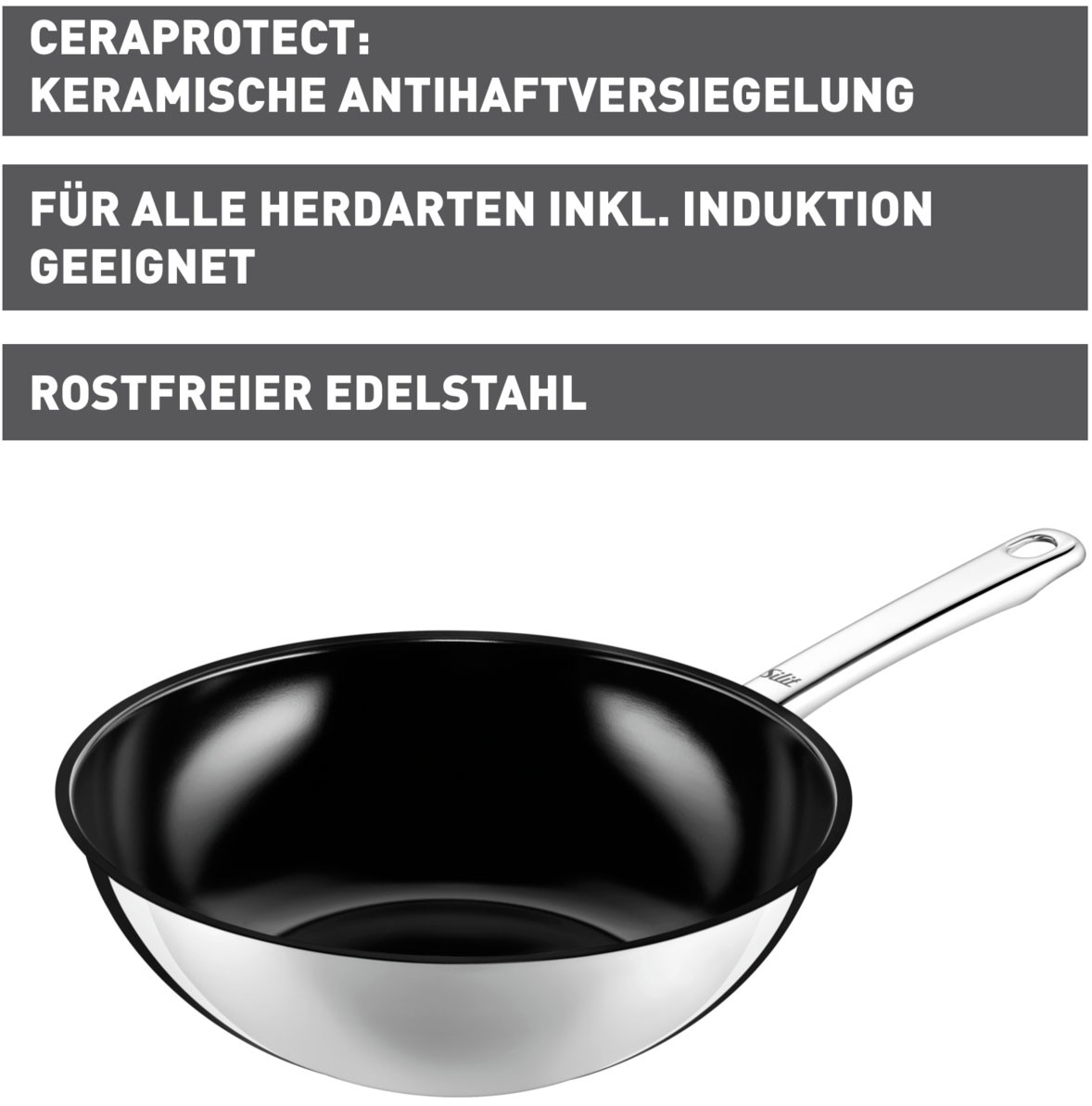 Silit Wok »Wuhan Wokpfanne Induktion Ø 28 cm«, Edelstahl 18/10, (1 tlg.), ideal für scharfes Anbraten, für alle Herdarten geeignet