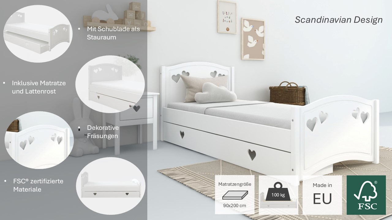 Lüttenhütt Jugendbett »Beeke, Kinderbett, mit Matratze + Schublade,«, (4 tlg., Komplettbett inklusive Lattenrost, Bettkasten und Matratze), FSC®-zertifiziert, viel Stauraum, bis 100 KG belastbar