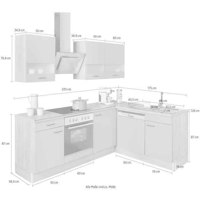Premium-Küche, 225x175cm Winkelküche OPTIFIT »Elga«, bequem kaufen Vollauszug, Stellbreite Soft-Close-Funktion,