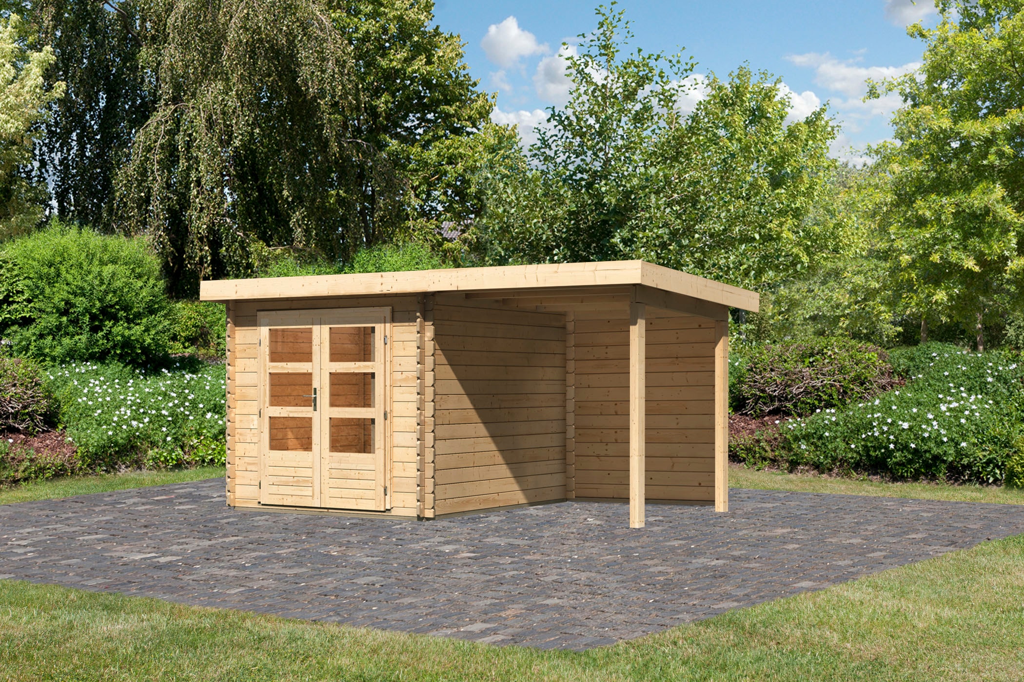 Karibu Gartenhaus »Schloßsee 4« mit Anbaudach und Rückwand