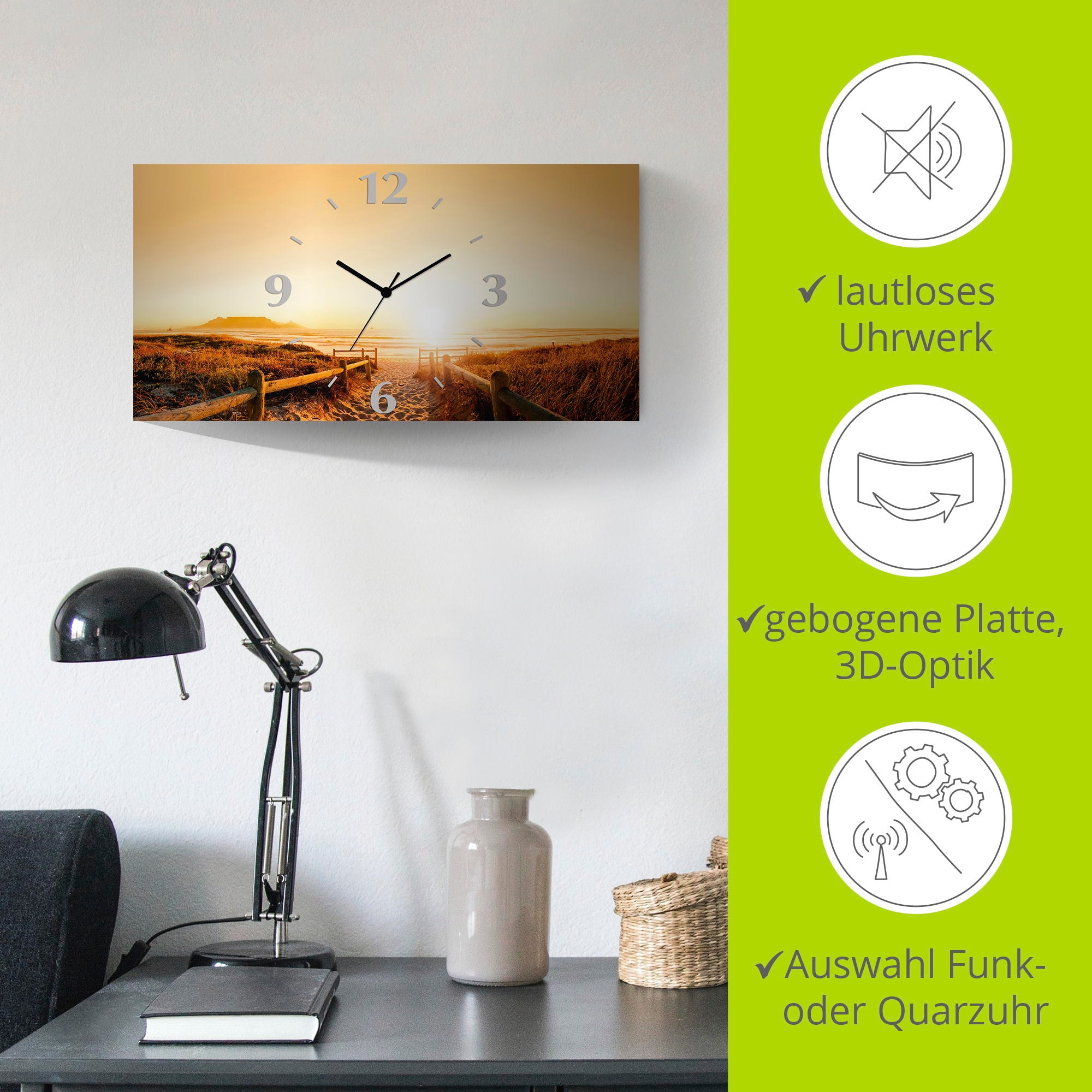 Artland Wanduhr »Sonnenuntergang Panorama Strand«, 3D Optik gebogen, mit Quarz- oder Funkuhrwerk, versch. Größen