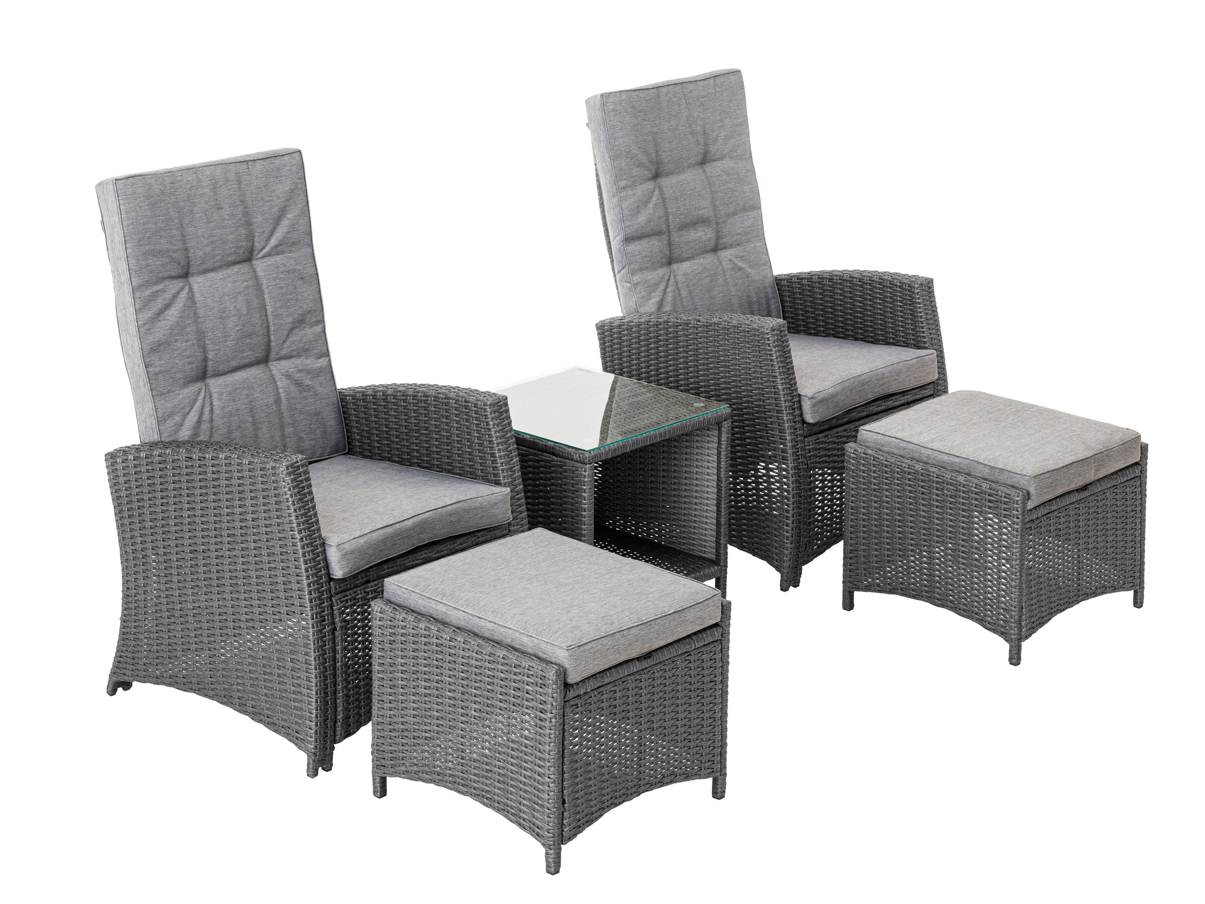 KONIFERA Garten-Essgruppe »»New Paris««, (Set, 11 tlg., 2 Sessel, Rückenlehne verstellbar, Tisch 50x50x51,5 cm, 2 Hocker), inkl. Auflagen, Aluminium/Polyrattan